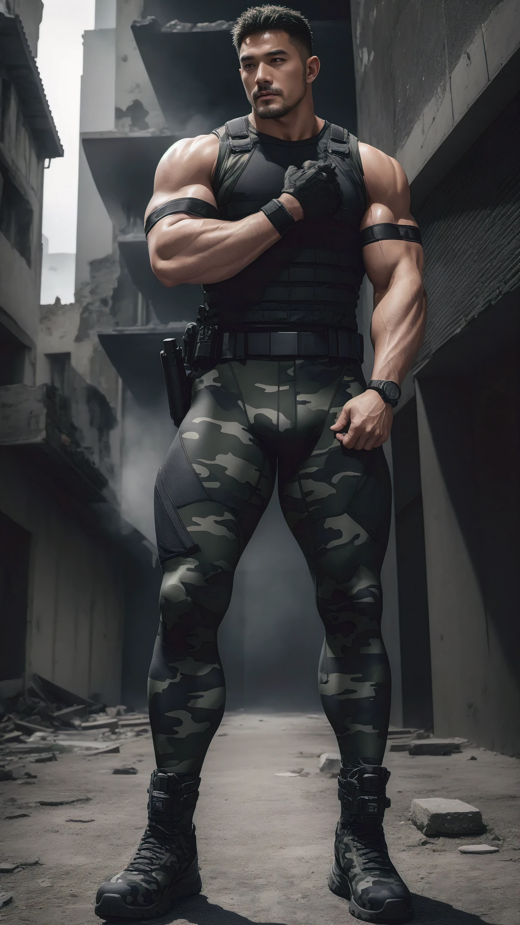 Tall muscular police officer standing in the ruins of the city,身材tall and burly,Black and gray camouflage tactical tights,Character Conception(Resident Evil - Chris Redfield,Chris Redfield)Senior Police Officer,穿着Black and gray camouflage tactical tights,Matte texture,Regular symmetrical texture pattern,He stood in the ruins of the city, Sad expression,Deep and charming eyes,The hero with emerald pupils,Valiant male pose,tall and burly,Muscular!Attractive leg muscles,High target, Burly, Heqiang, 穿着Black and gray camouflage tactical tights, Super Buff and Coolness, High Resolution Committee, Big feet in black boots,Charming strongman,The bright sunshine shines on you,Matte particles