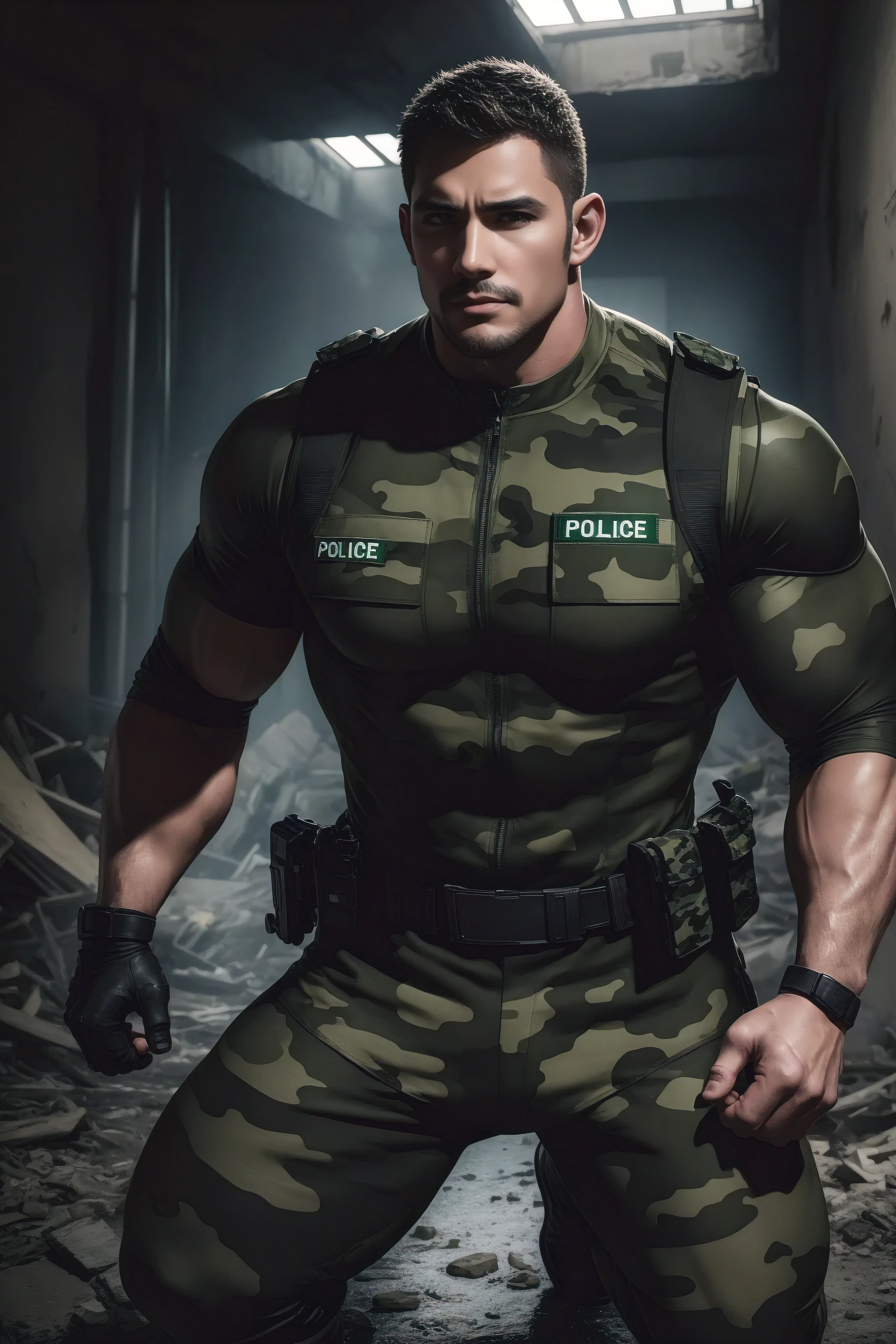 2 meters tall, Muscular police officer with his mouth open and screaming..,Looking up,Tight camouflage clothing,Character Conception(Resident Evil - Chris Redfield,Chris Redfield)Senior Police Officer,Wear tight camouflage clothing,Matte texture,Regular symmetrical texture pattern,Kneeling in the ruins of the city, Sad expression,Deep and charming eyes,The hero with emerald pupils,Valiant male pose,tall and burly,Muscular!Attractive leg muscles,High target, Burly, Heqiang, Wearing a khaki camouflage diving suit, Super Buff and Coolness, High Resolution Committee, Big feet in black boots,Charming strongman,The bright sunshine shines on you,Matte particles,Shiny texture