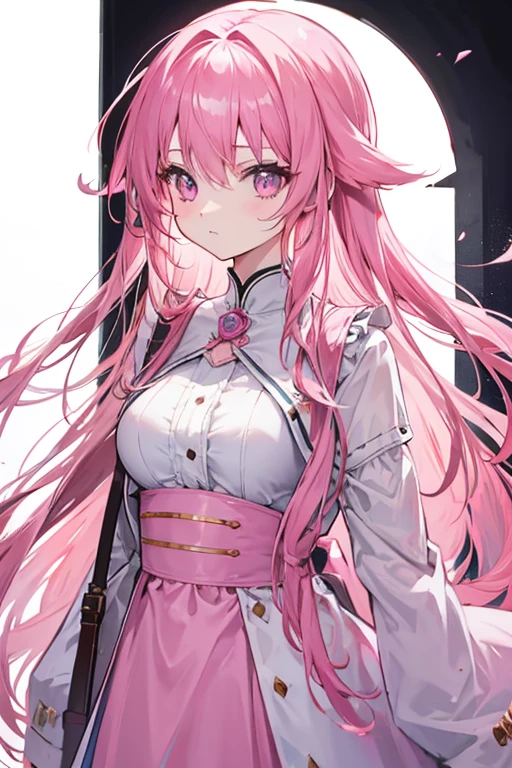 outfit-asanagi, 1girl,  solo, breasts, bangs,cowboy shot, smile, open mouth,white backgroundi,  looking at viewer,halo, pink hair<lora:char-rpk16:0><lora:char-hanako:1> <lora:outfit-asanagiv3:1>