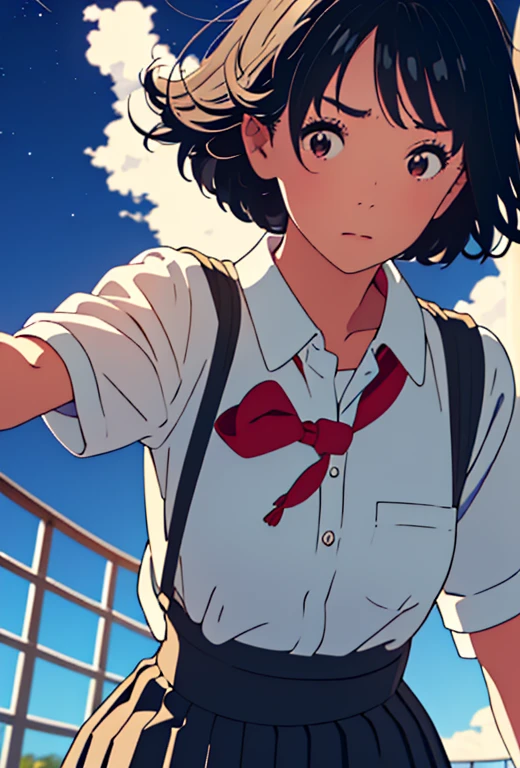 （Best Quality、High image quality、masterpiece）、１Woman on man、Black Hair、Short Hair、ribbon、Japanese School Uniform、((Angle from below))、((run))、Pleated skirt、Night Sky、star、流れstar、((Gaze up))、Wave your hands