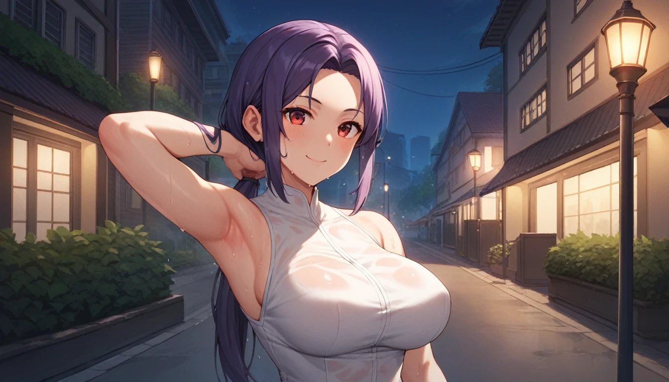 Score_9, Score_8_up, Score_7_up, One Girl,smile, Hirokazu Koyama ,Sweaty,sexy,Pixel Perfect,Large Breasts,Anatomically correct, Masterpiece Highly detailed,8k,Outdoor,night,street,building,boutique,(Fits your body,White rider suit,Sleeveless),, Red eyes, ( Long Hair, Purple Hair, Parted bangs,Low Ponytail, ), Standing,クローズup, Place your left hand behind your head,Wet,it&#39;s raining,sexy