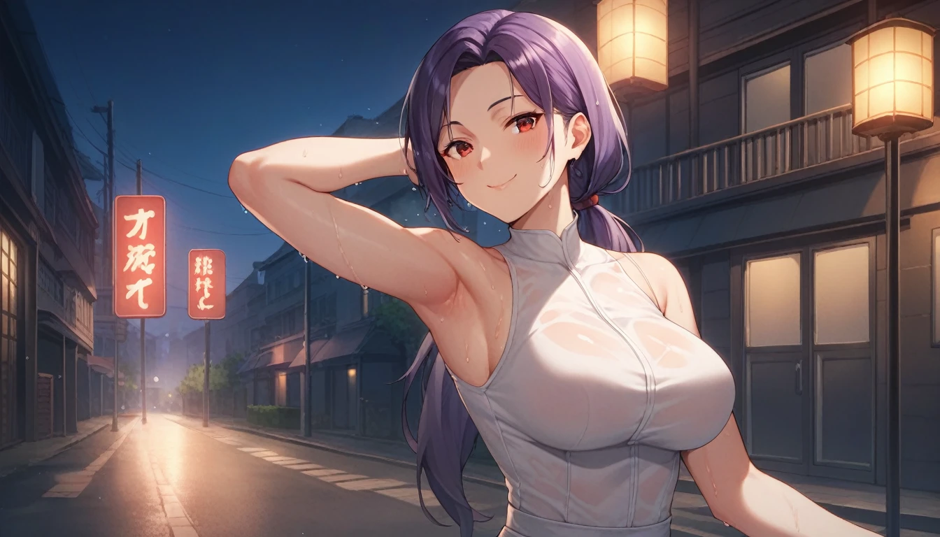 Score_9, Score_8_up, Score_7_up, One Girl,smile, Hirokazu Koyama ,Sweaty,sexy,Pixel Perfect,Large Breasts,Anatomically correct, Masterpiece Highly detailed,8k,Outdoor,night,street,building,boutique,(Fits your body,White rider suit,Sleeveless),, Red eyes, ( Long Hair, Purple Hair, Parted bangs,Low Ponytail, ), Standing,クローズup, Place your left hand behind your head,Wet,it&#39;s raining,sexy