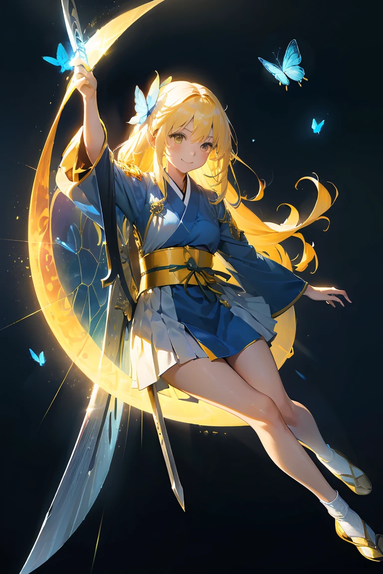 ((High resolution　Yellow Hair　Long Hair　Goddess of Victory　1 person　Lonely　smile))　((Blue Butterfly　night　Japanese Style　old　Shining Aura　rainbow))　(dance　Blade of Light　Shining Holy Sword　Swing Down　Slash)　moon　star　Draw your sword　Slash　Catching the Wind　autumn