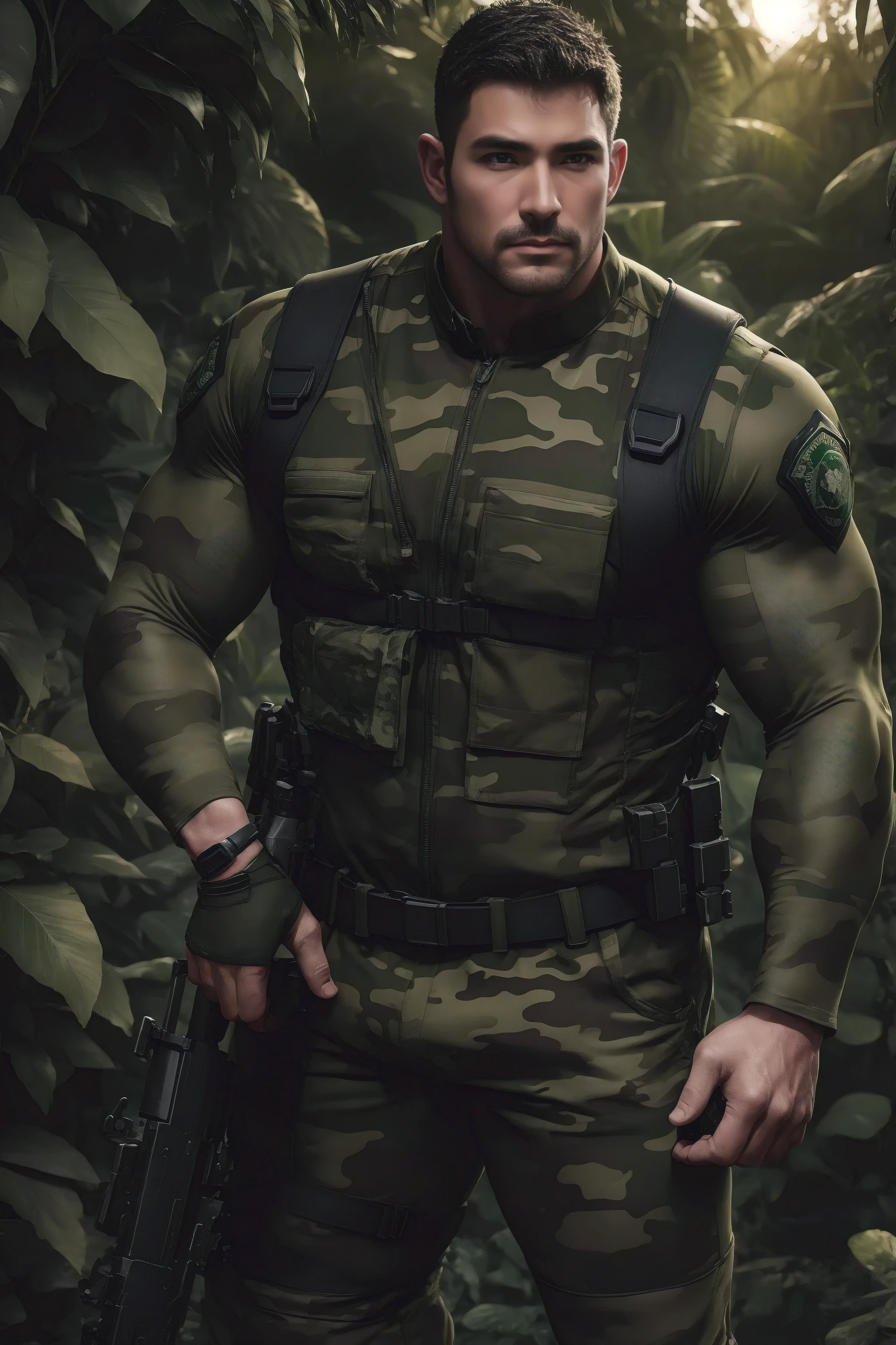 Muscular police officer with his mouth open and screaming..，Khaki camouflage uniform，Character Conception（Resident Evil - Chris Redfield，Chris Redfield）Senior Police Officer，Wearing a khaki camouflage diving suit，Matte texture，Regular symmetrical texture pattern，Standing in the dark sugarcane jungle, The body was wrapped in thick vines.，Sad expression，Deep and charming eyes，The hero with emerald pupils，Valiant male pose，tall and burly，Muscular！Attractive leg muscles，High target, Burly, Heqiang， Wearing a khaki camouflage diving suit， Super Buff and Coolness， High Resolution Committee， Charming strongman，The bright sunshine shines on you，Matte particles，Shiny texture