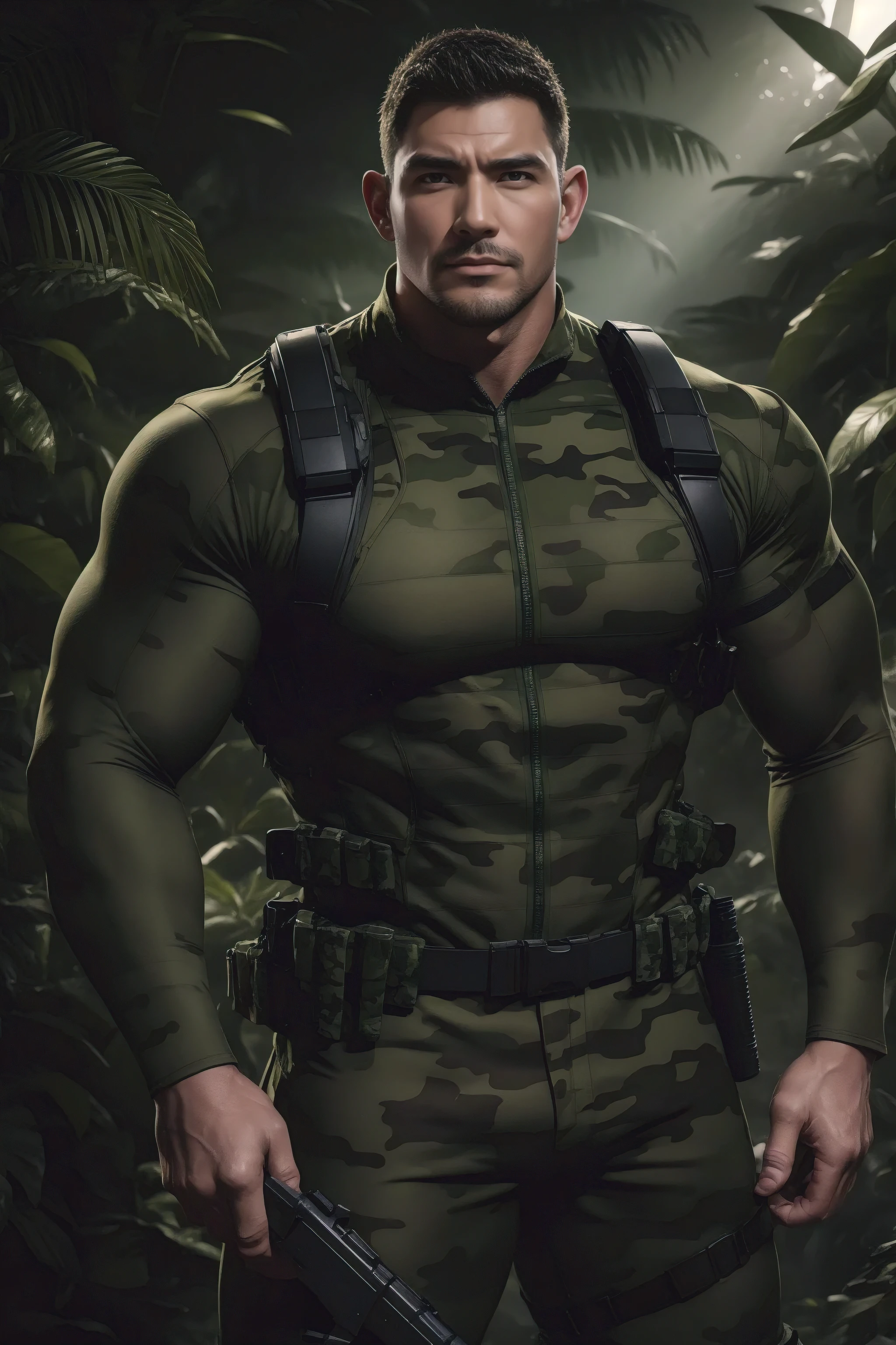 Muscular police officer with his mouth open and screaming..,Khaki camouflage uniform,Character Conception(Resident Evil - Chris Redfield,Chris Redfield)Senior Police Officer,Wearing a khaki camouflage diving suit,Matte texture,Regular symmetrical texture pattern,Standing in the dark sugarcane jungle, The body was wrapped in thick vines.,Angry,Deep and charming eyes,The hero with emerald pupils,Valiant male pose,tall and burly,Muscular!Attractive leg muscles,High target, Burly, Heqiang, Wearing a khaki camouflage diving suit, Super Buff and Coolness, High Resolution Committee, Charming strongman,The bright sunshine shines on you,Matte particles,Shiny texture