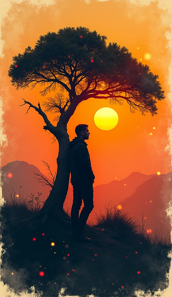 In the style of clothing print: the silhouette of a prehistoric tree, the orange sun, horizon,  degrade, sparkling, overlap, thoughtful man 