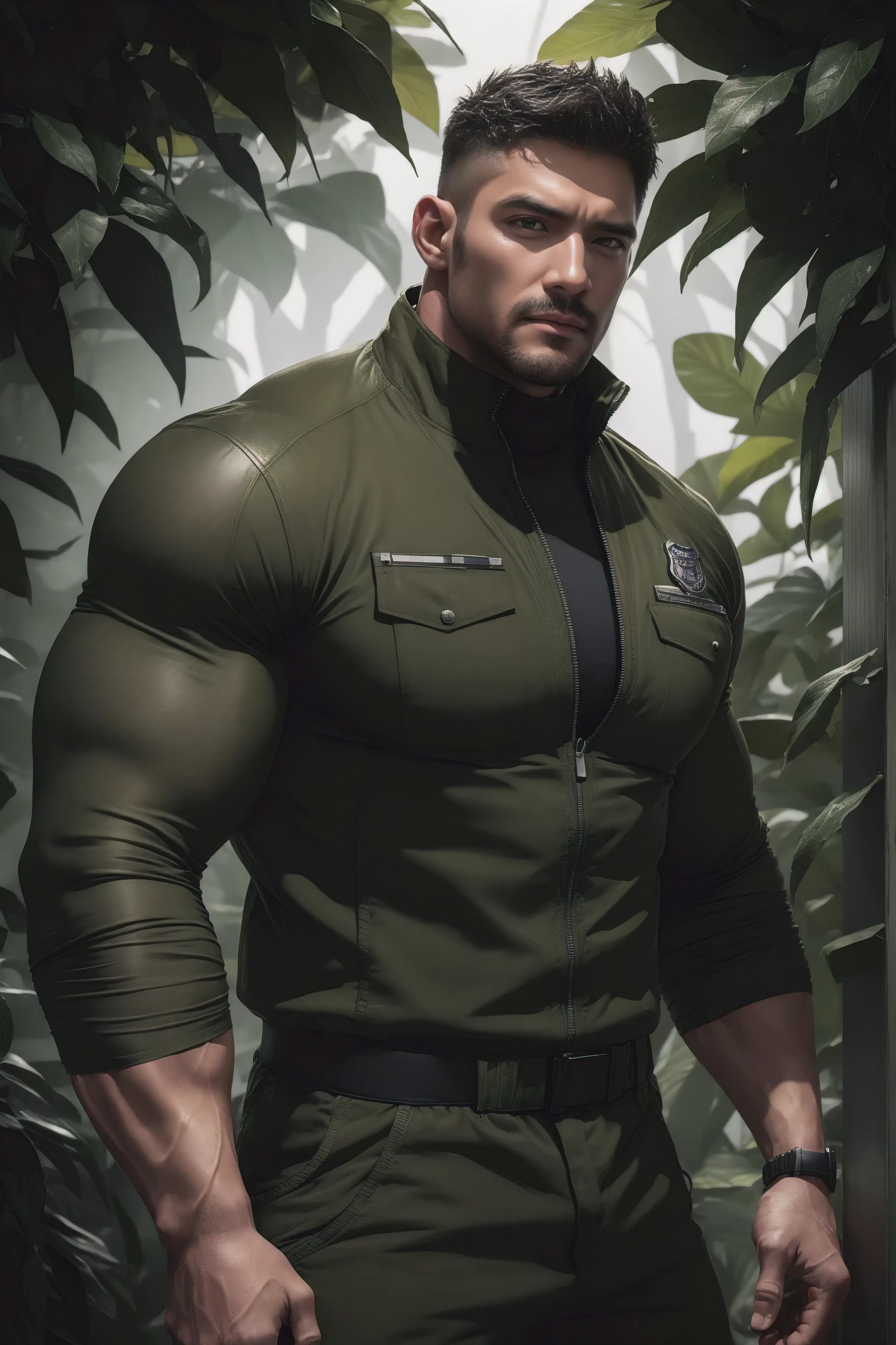 Muscular police officer with his mouth open and screaming..，Khaki camouflage windbreaker，Wear a black turtleneck tight sweater，Character Conception（Resident Evil - Chris Redfield，Chris Redfield）Senior Police Officer，Wearing Khaki camouflage windbreaker，Matte texture，Regular symmetrical texture pattern，Standing in the dark sugarcane jungle, The body was wrapped in thick vines.，Angry，Deep and charming eyes，The hero with emerald pupils，Valiant male pose，tall and burly，Muscular！Attractive leg muscles，High target, Burly, Heqiang， Wearing Khaki camouflage windbreaker， Super Buff and Coolness， High Resolution Committee， Charming strongman，The bright sunshine shines on you，Matte particles，Shiny texture