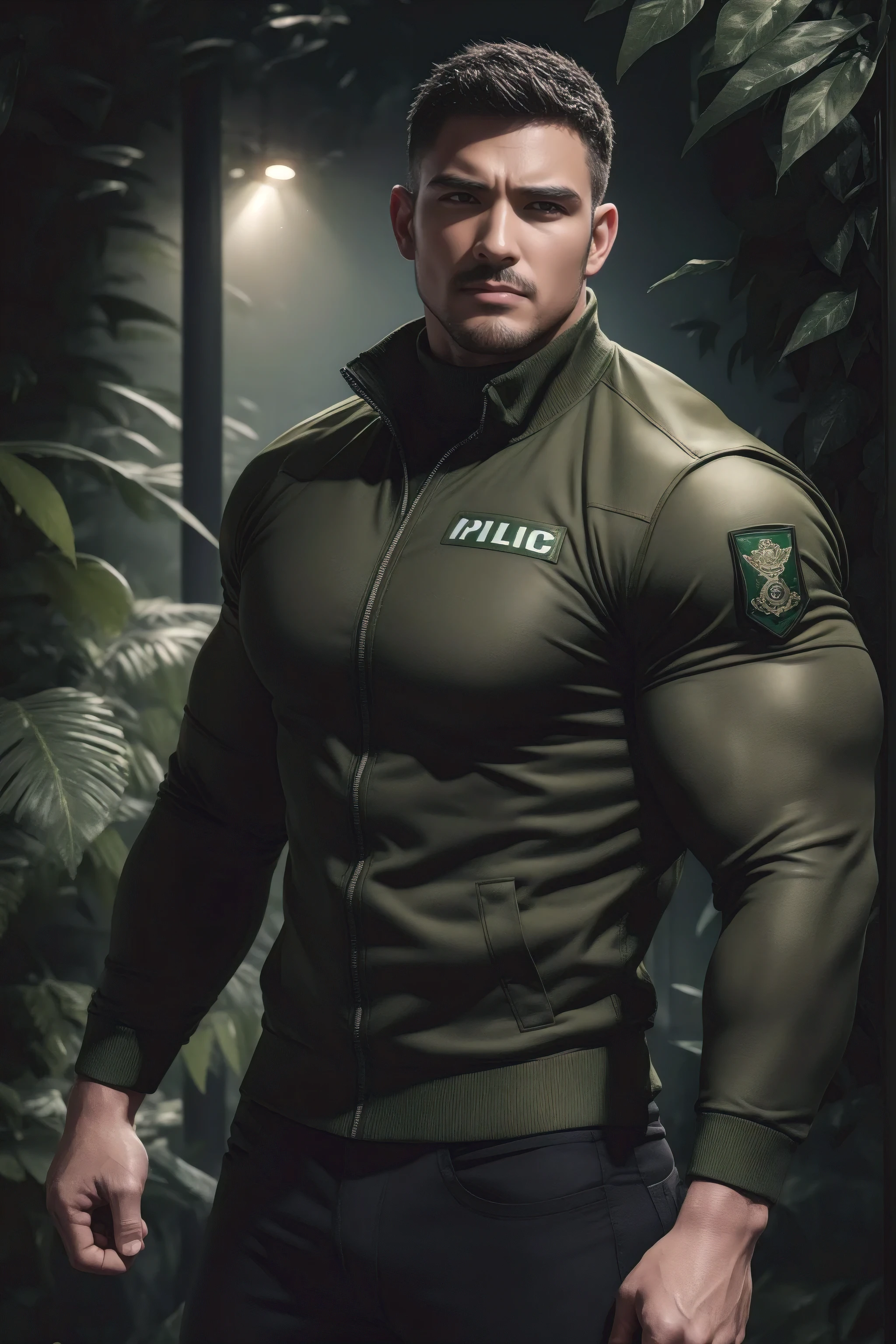 Muscular police officer with his mouth open and screaming..，Khaki camouflage windbreaker，Wear a black turtleneck tight sweater，Character Conception（Resident Evil - Chris Redfield，Chris Redfield）Senior Police Officer，Wearing Khaki camouflage windbreaker，Matte texture，Regular symmetrical texture pattern，Standing in the dark sugarcane jungle, The body was wrapped in thick vines.，Angry，Deep and charming eyes，The hero with emerald pupils，Valiant male pose，tall and burly，Muscular！Attractive leg muscles，High target, Burly, Heqiang， Wearing Khaki camouflage windbreaker， Super Buff and Coolness， High Resolution Committee， Charming strongman，The bright sunshine shines on you，Matte particles，Shiny texture