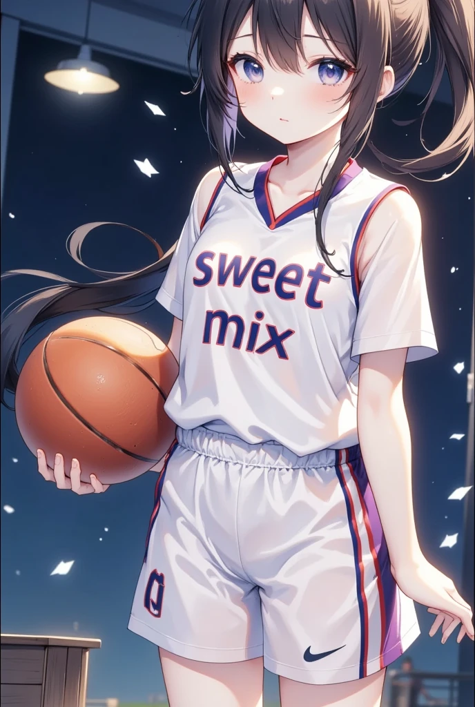 Japanese anime, One girl, solo, night , SweetHoney mix,basketball,basketball uniform,gym,in the gym,room,holding a basketball,indoor,basketball uniform written "Sweet Mix"