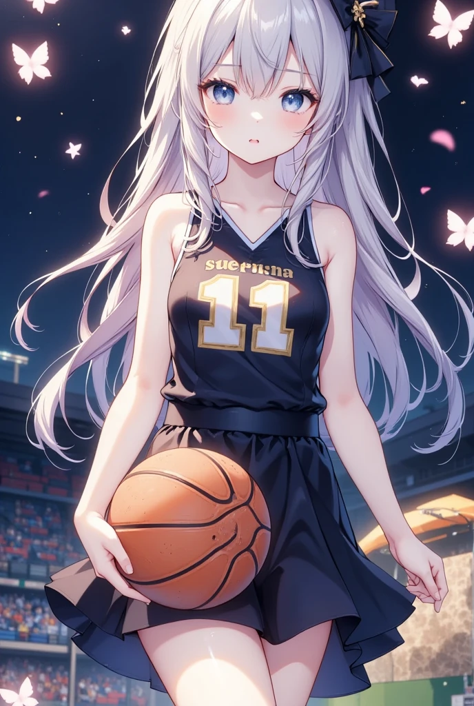 Japanese anime, One girl, solo, night , SweetHoney mix,basketball,basketball uniform,gym,in the gym,room,holding a basketball,indoor,basketball uniform written "Sweet Mix"