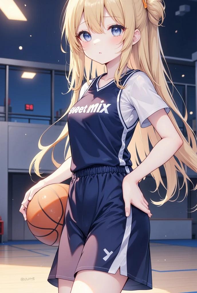 Japanese anime, One girl, solo, night , SweetHoney mix,basketball,basketball uniform,gym,in the gym,room,holding a basketball,indoor,basketball uniform written "Sweet Mix"