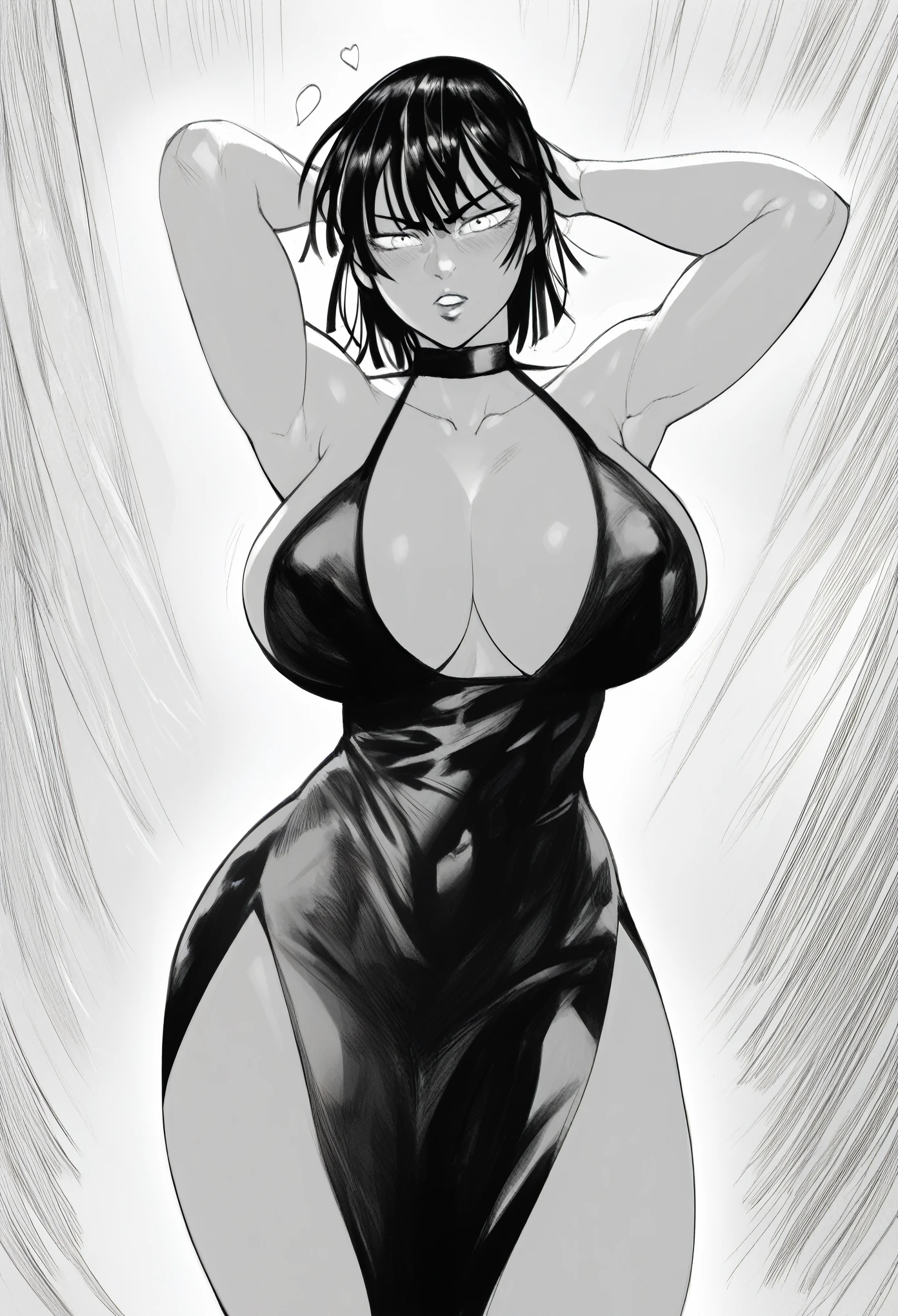 score_9, score_8_up, score_7_up, score_6_up, score_5_up, score_4_up, one punch man style, Fubuki, sp1t, hatching (texture), monochrome, crosshatch shading, manga style, 1girl, detailed, halter dress. huge breasts, wide hips,
