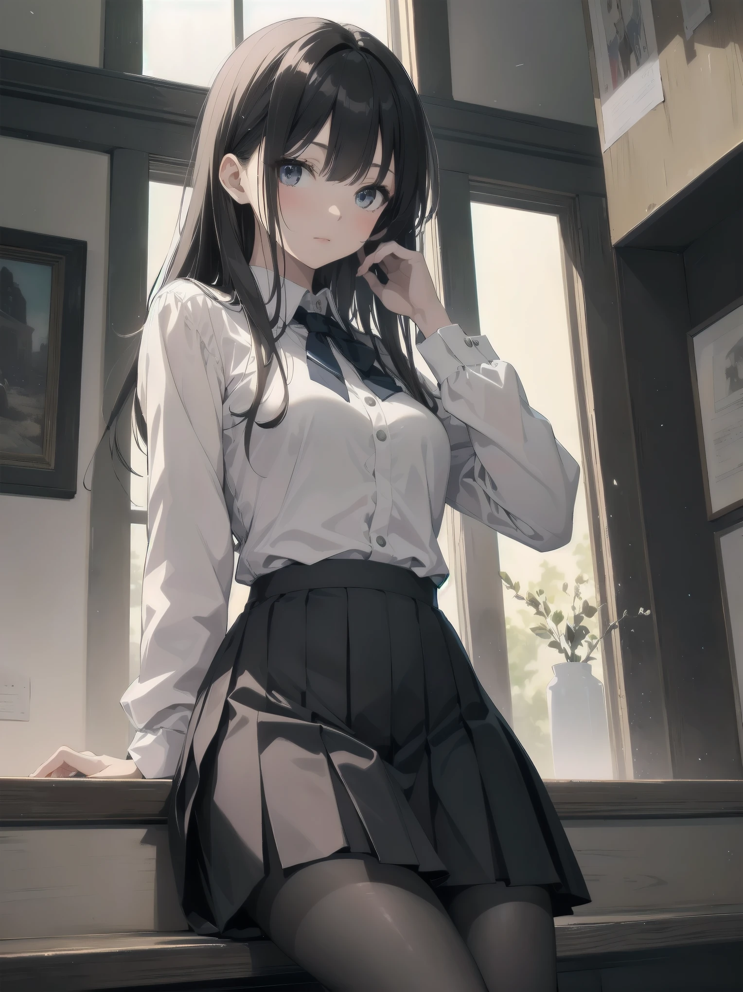absurdres, RAW photo, extremely delicate and beautiful, masterpiece, Best Quality, ultra high resolution, 32k, hyperrealistic, ultra-detailed, delicate facial features, beautiful detailed woman, tearful mole, earring, medium breasts, full body shot, medium hair, black hair, Korean school_uniform, summer school_uniform shirt,
