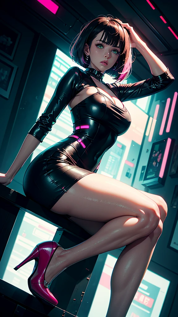 (masterpiece), (best quality), (high res) Solo, (perfect anatomy), (young girl (10 years old), (dark skin), curly purple hair (shoulder length), red eyes, round eyeglasses, (skin tight dress), (red high heels boots), (shirt), (super tight mini skirt), angry, flat chest in a futuristic setting with a red light, cyberpunk, cyber suit, best anime 4k, cybersuits, in a backstage