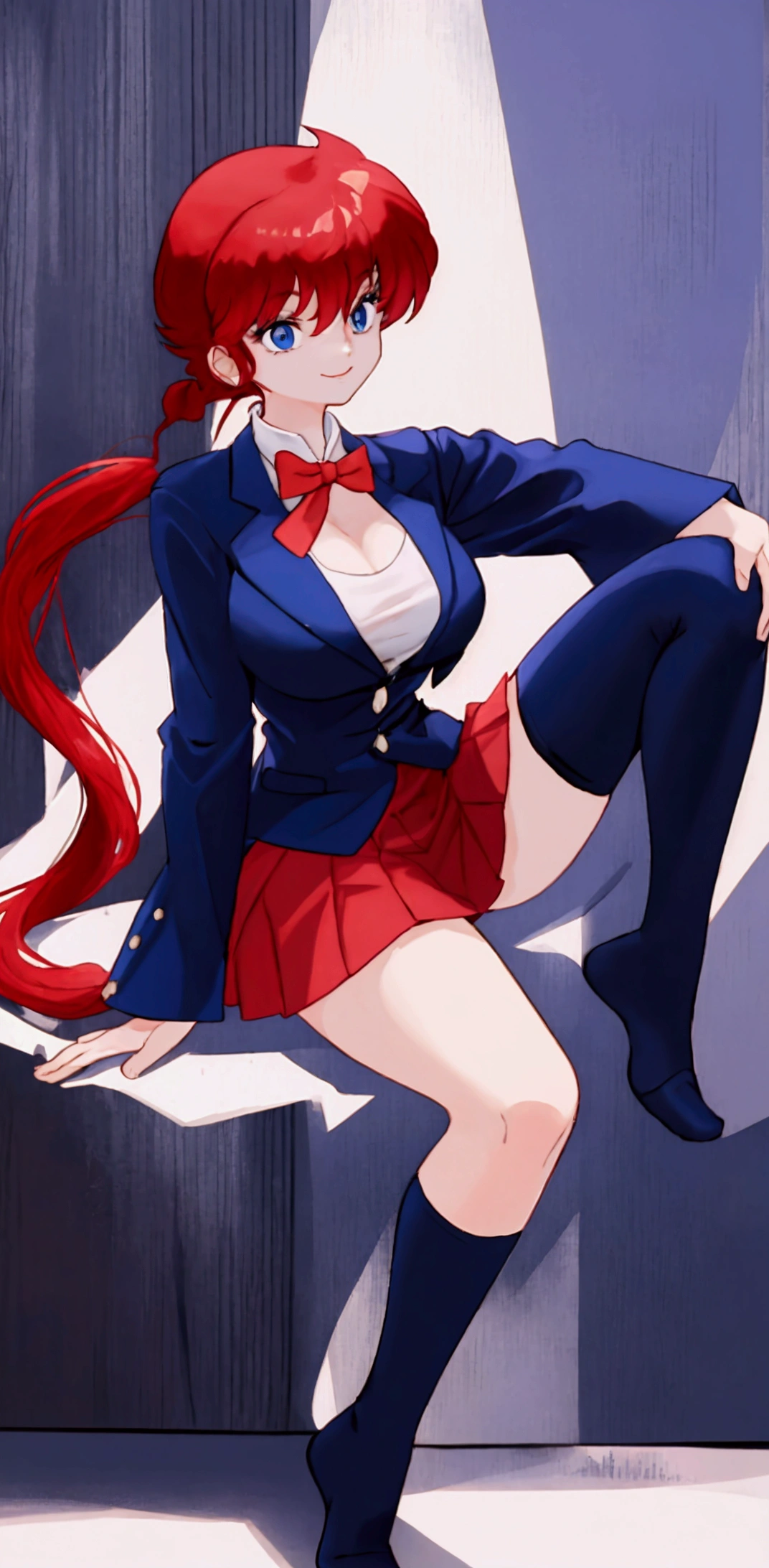 (Masterpiece, best quality), 1 girl, freckles, NSFW, school uniform, bed, embarrassment, show-off, smooth chest, panties, light, oversized shirt, (long red hair: 1.4), bra,, lying down, legs open, camel's finger