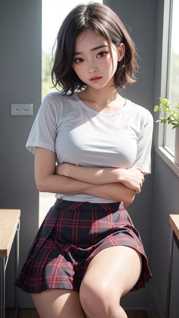 1 japanese girl, (ulzzang-6500-v1.1:0.8), (raw photo:1.2),((photorealistic:1.4)), best quality, masterpiece, an extremely delicate and beautiful, extremely detailed, CG, unity, finely detail, masterpiece, detailed CG unity 8k wallpaper, absurdres, incredibly absurdres, ultra-detailed, highres, extremely detailed, beautiful detailed girl, extremely detailed eyes and face, beautiful detailed eyes, light on face, cinematic lighting, full body, perfect hand, depth of field, wearing school uniform, wearing black stocking, garter bell, blonde short curly hair, in classroom, small breasts, wide lips, necklace, bracelet, earring