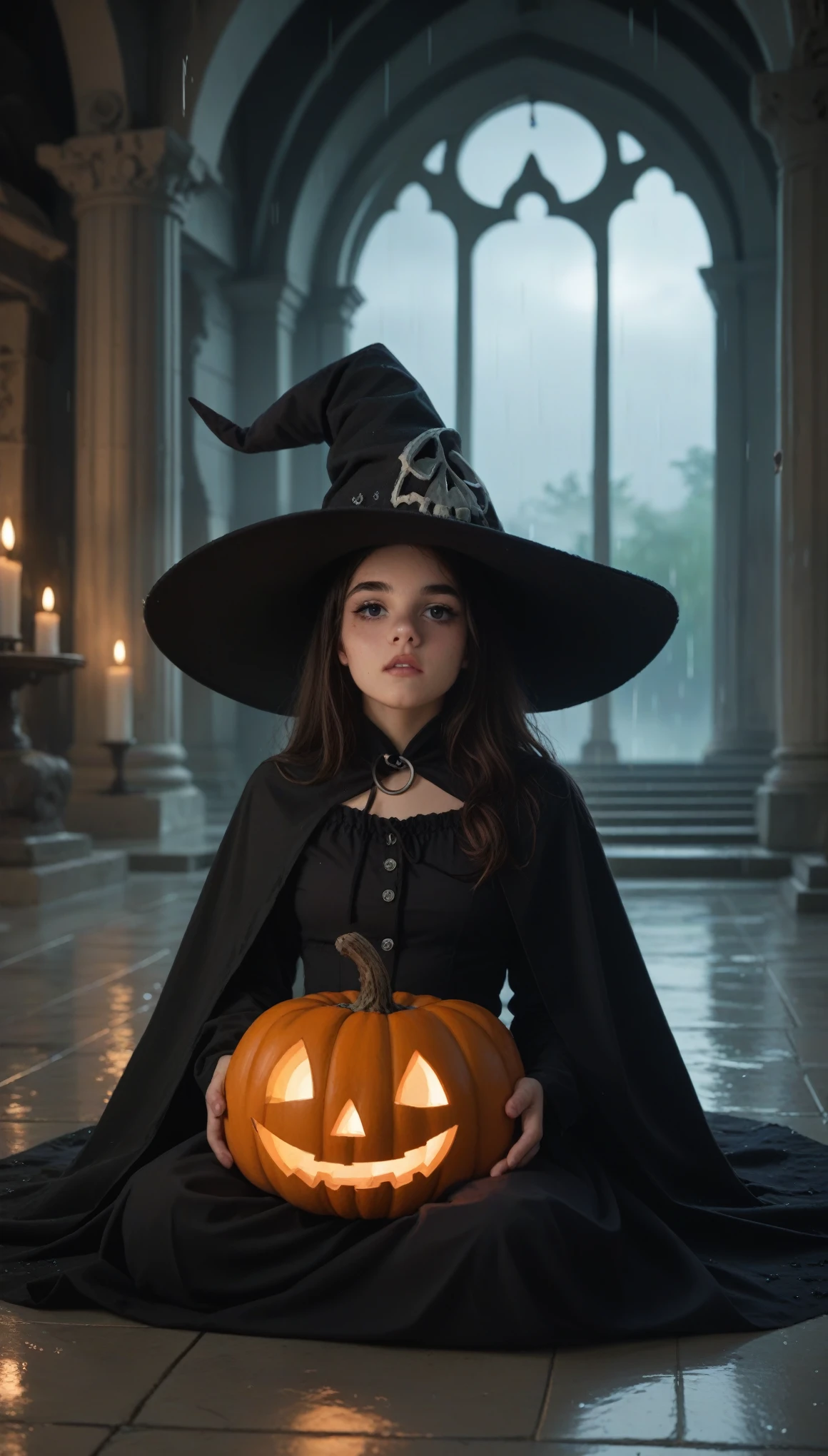 ( Dark Skies, heavy rain, Inside the ruined temple), solo,Halloween Cosplay,Witch Hat,Wide-brimmed hat,１４years old、Teenager、pretty girl, Sit down、((Jack-o&#39;-Lantern,Orange Pumpkin:1.3､Peeler Candle,))), (Low angle), (top down), Realistic scale,Significant shrinkage:1.5, (((Dark Room:1.3))),