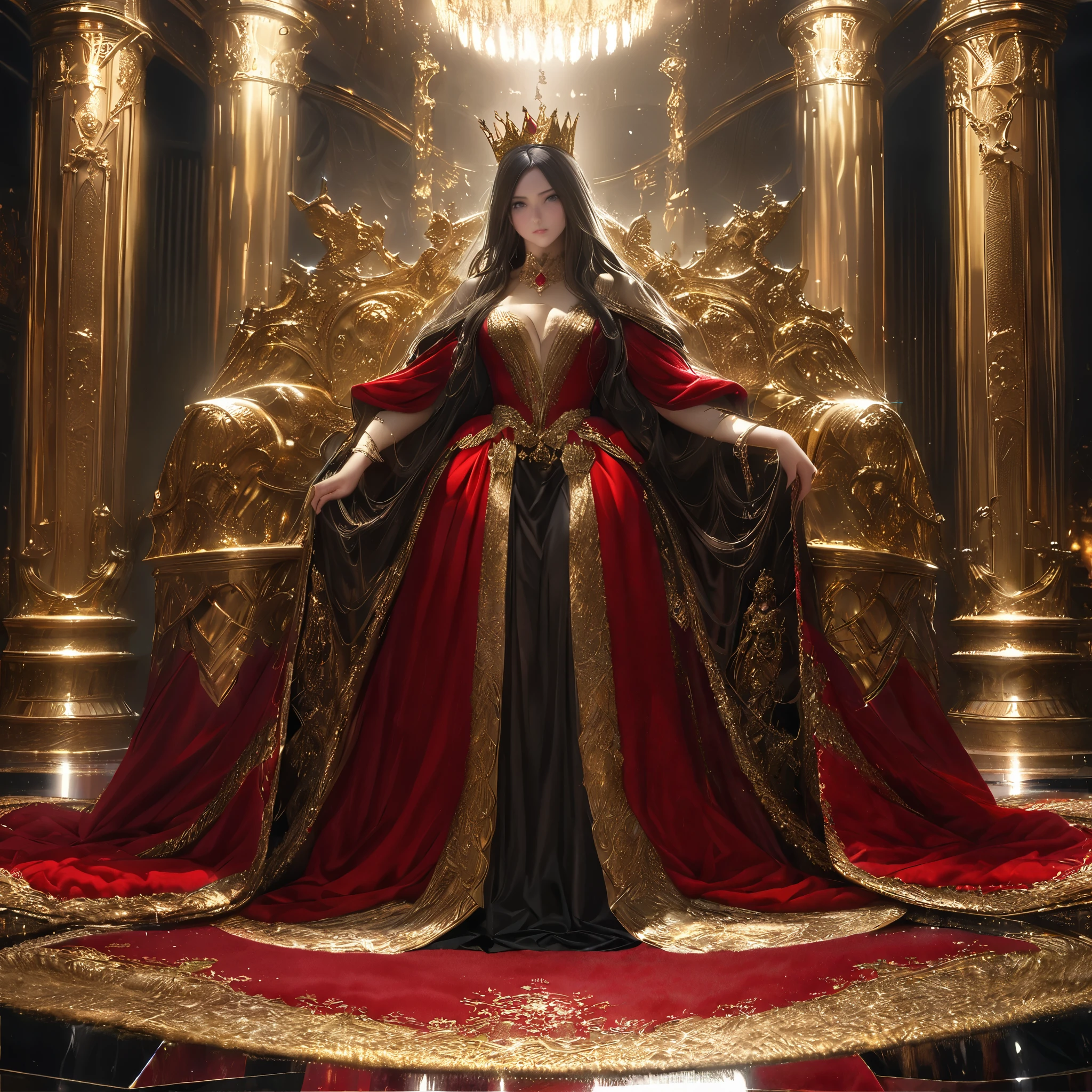 "Wide shot, full-body portrait of a majestic queen, standing confidently in an opulent throne room. She has mesmerizing, beautiful eyes and a flawless face with long, flowing dark hair. She wears an elegant, Victorian-inspired velvet royal gown with cascading floor-length fabric, adorned with intricate golden embroidery. She holds a jeweled scepter, and a golden crown encrusted with rubies rests on her head. The backdrop features grand marble columns, deep red velvet drapes, and a luxurious carpet, all rendered in hyper-realistic, 8K detail. The warm, dramatic lighting with soft backlighting highlights her powerful and regal posture, exuding confidence and authority. Her skin texture is highly realistic, with attention to fine details. Photorealistic, physically-based rendering ensures the scene's textures and materials, such as the velvet gown and intricate crown, are depicted in ultra-high detail.
The lighting adds depth to the rich, luxurious environment, emphasizing the queen’s regal and composed expression."