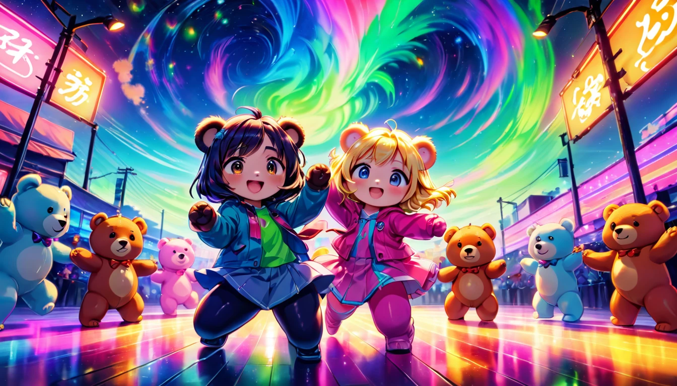 colorful plain background, few dancing chibi bears, (Ethereal, fluorescent colors, neon lights), aurora_borealis, (masterpiece), best quality, highres, 4k, 8k, cinematic lighting, amazing quality, amazing shading, soft lighting, light particles floating, feerie aura, chromatic aberration, colorful starry night time, intricate detail, extremely detailed, Illustration, official artwork, anime style, wallpaper, official art, analog style, a realistic photo, film grain, (photorealistic:0.6), taken by a canon eos r5, chromatic aberration, colorful, bright colors