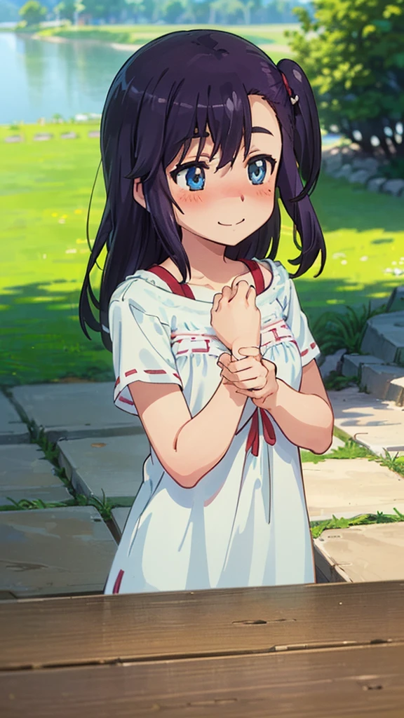 (One girl:1.1),(Non Non Biyori:1.1),countryside,Rice field,Soft sunlight,Side Up,(Purple Hair),(Boyish casual clothes:1.1),(((blushed:1.3))),((masterpiece,Best Quality,aesthetic:1.2)),((beautiful detail eyes:1.3)),Ultra High Resolution, Highly detailed wallpapers, whole body,tree shade,(((evel smile:1.3))),(dynamic motion:1.3),(cute),(seductive),