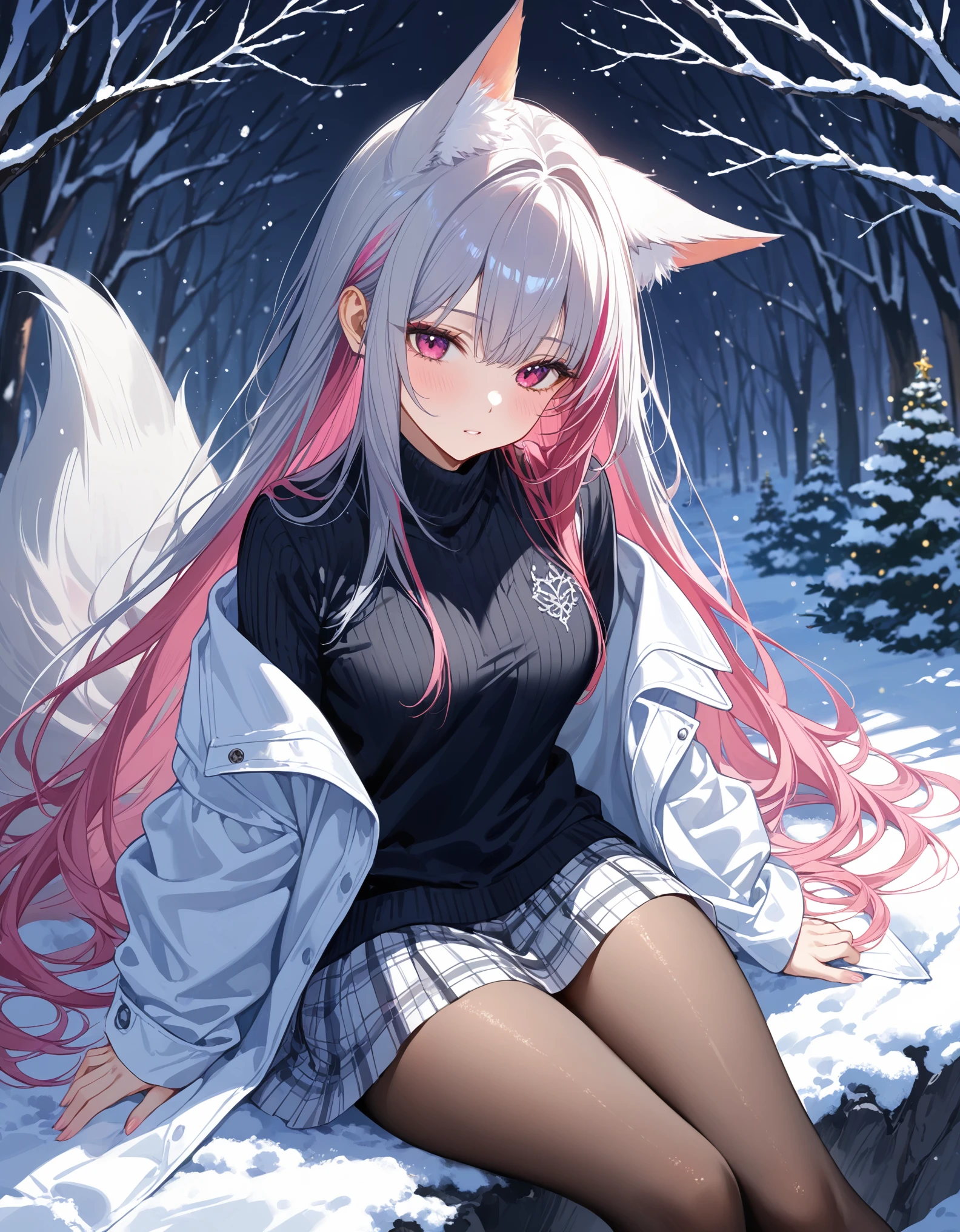 1girl, fox girl, fox ears, fox tail, pink hair, grey hair, two-tone hair, multicolored hair, long hair, white windcoat, black sweater, white plaid skirt, grey thighband_pantyhose, winter theme, sitting down,
, masterpiece, ultra-detailed, best quality ,intricate details,