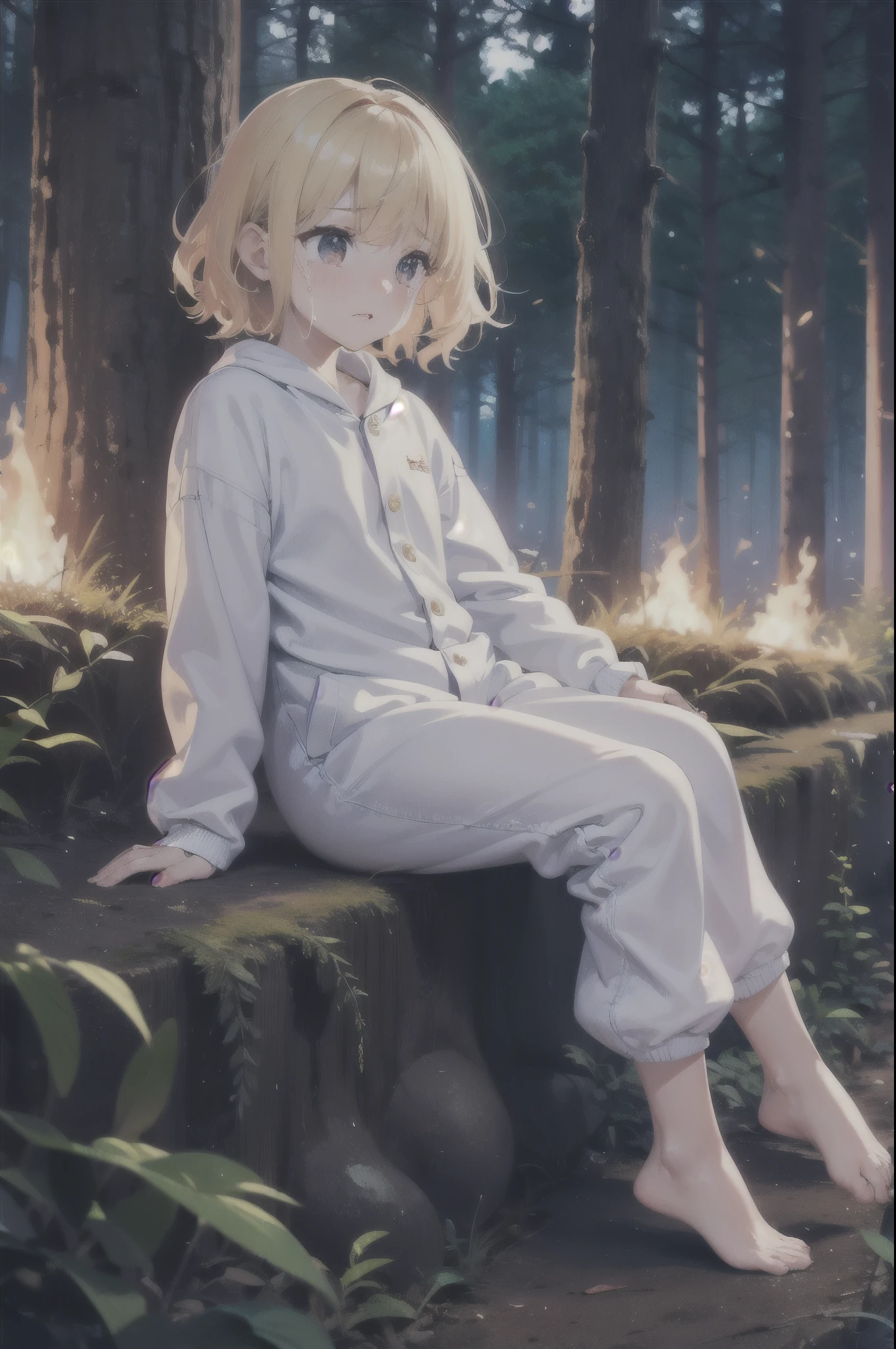best quality, masterpiece, small breasts, smile, sweatshirt, leggings, outdoors, anime style, grass field, daytime, blue sky, blue eyes, detailed eyes, medium hair, blonde hair, loose hair, bangs, lying down,