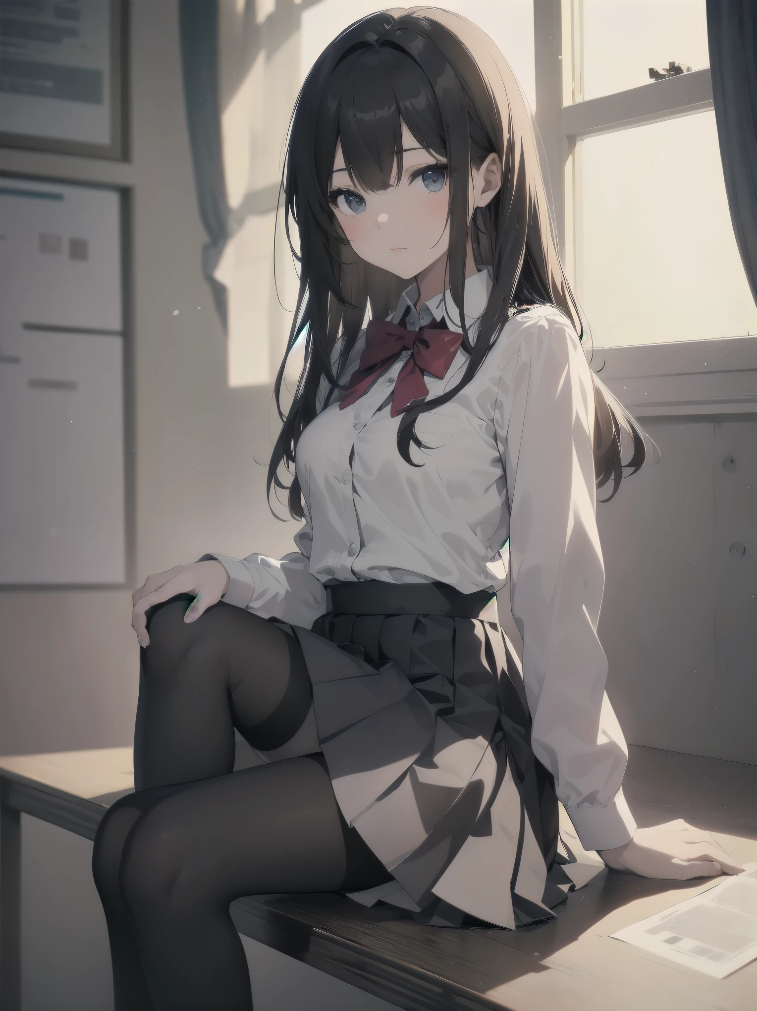 masterpiece, best quality, 1girl, solo, ryoba, black_hair, long hair, grey_eyes, ponytail, school uniform, classroom, full body, looking at viewer, school, smile, black kneesocks, serafuku, white skirt,