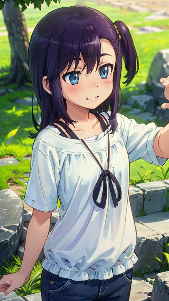 (One girl:1.1),(Non Non Biyori:1.1),countryside,Rice field,Soft sunlight,Side Up,(Purple Hair),((Boyish casual clothes:1.2)),((blushed:1.2)),((masterpiece,Best Quality,aesthetic:1.2)),((beautiful detail eyes:1.3)),Ultra High Resolution, Highly detailed wallpapers, whole body,tree shade,(((evel smile:1.3))),(dynamic motion:1.2),(cute),(seductive),