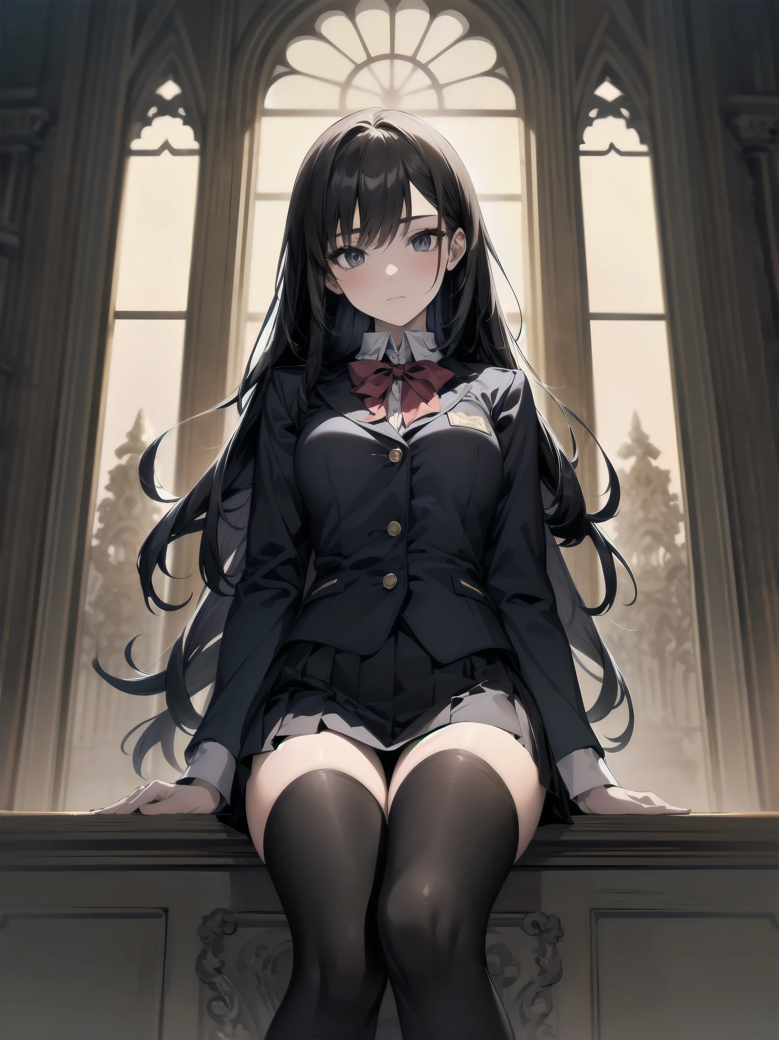 very long hair, black hair, jacket, red_jacket, red_eyes, bangs, school_uniform, straight hair, blunt_bangs, inside casino, poker tables, poker cards, looking down at viewer, big breasts, full body, crazy eyes, insane, wide open eyes, glowing eyes, glossy lips, blush, satisfied facial expression, sexually aroused, obsessive facial expression, crazy facial expression, hands out of frame, adult, mature, milf,
