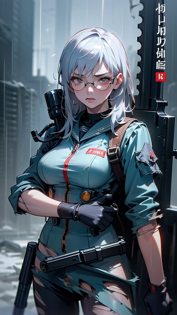 Silver Haired Girl,((Large Breasts:0.7)),Red glasses,prone position,Looking through a sniper scope,Sighting gun,Tactical Boots,Futuristic gun,Rainy environment,High image quality,8k,Super detailed,Surreal,masterpiece,Cinematic Lighting,Dramatic lighting,Dramatic Pose,Highly detailed facial features,Very realistic,Realistic,((Heavy Rain)).Beautiful detailed eyes,Beautiful detailed lips,Highly detailed eyes and face,Long eyelashes,1 girl,Concept Art,Digital Art、Shiny Futuristic gun、A vivid depiction of the human body、Sexy sailor-style combat uniform、((Heavily torn clothing:1.5)) The hall in the center of the poster々Standing, Wear stylish and edgy clothing,Sad expression. The background is dark、rough., There is danger and tension. The text is bold and eye-catching, A catchy tagline that creates a dramatic and exciting atmosphere. The color palette is mostly dark.、Bright colors are scattered throughout。, Give your poster a dynamic and visually striking look,Character Portrait((Symposium cover))