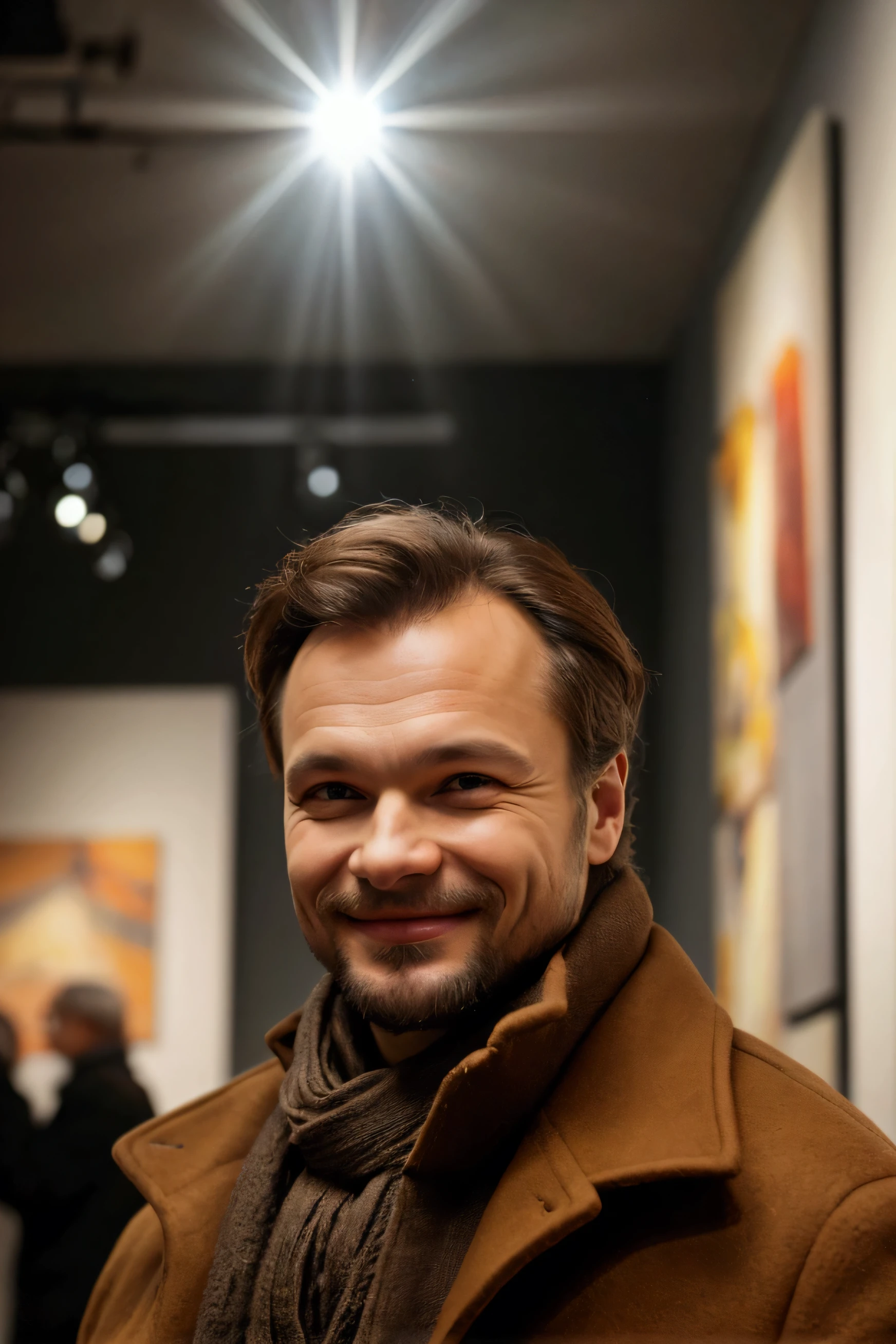 film texture, from bottom, close up, a russian man with a brown coat, with gray shawls, cute, round face, his head towards his shoulder, standing, (looking at the viewer) and facing the viewer, eye contact, a blurred background, at gallery art and at evening, paint, soft lighting, (light from background:1.5) (photograph shot on kodak f1,5, film)