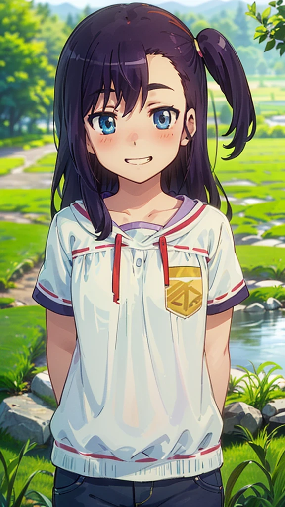 (One girl:1.1),(Non Non Biyori:1.1),countryside,Rice field,Soft sunlight,Side Up,(Purple Hair),((Boyish casual clothes:1.2)),((blushed:1.2)),((masterpiece,Best Quality,aesthetic:1.2)),((beautiful detail eyes:1.3)),Ultra High Resolution, Highly detailed wallpapers, whole body,tree shade,(((evel smile:1.3))),(dynamic motion:1.2),(cute),(seductive),(Highschool students)