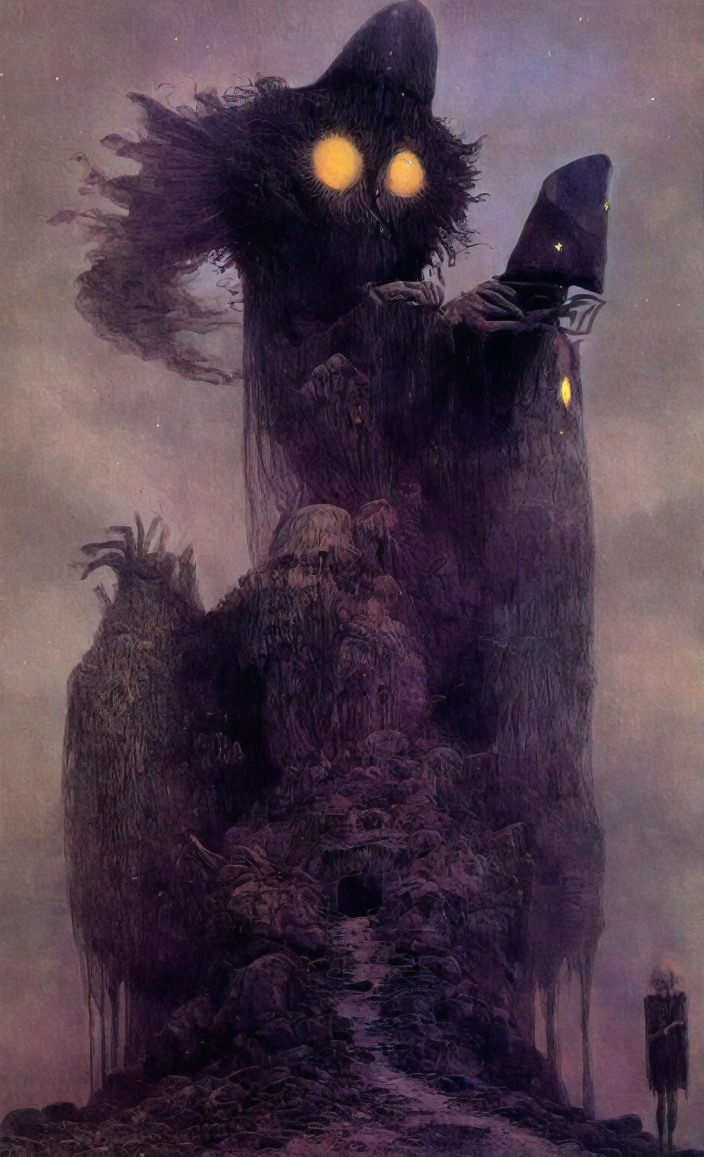 Mythical creatures, author:Zdzislaw Beksiński and Brom, Album cover, romantic, Surrealism, Futuristic ,Smiling , Wizard, Abstracted, dark, landscape (best quality:1.4),dw01-3400
