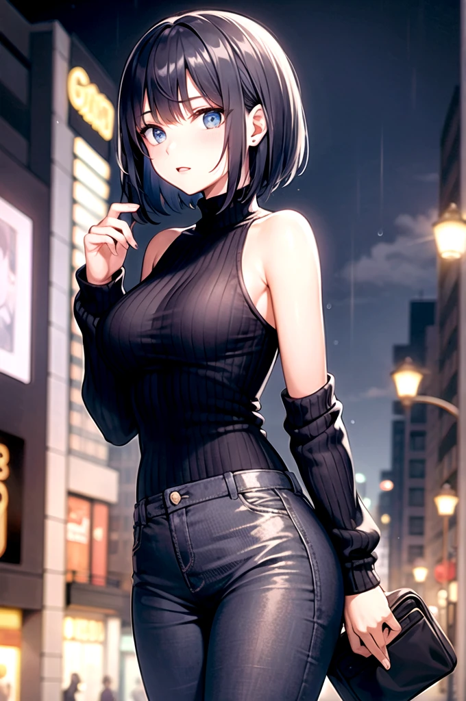 top-quality、Top image quality、masterpiece、girl with((18year old、Best Bust、Medium bust、Bust 85,Beautiful blue eyes、Breasts wide open,Black Short Sleeve T-Shirt、White see-through、Black short skirt、Ponytail with black hair、grin、Fashionable bags、Beautiful blue earrings、emphasis on the buttocks、A slender、Height 175cm,posterior view、Leaning forward、Blue hair mesh))hiquality、Beautiful Art、Background with((Inside the cinema、Red and blue lighting)),masutepiece、Elaborate design、visualart、depth of fields、The best lighting、highestdetailed、