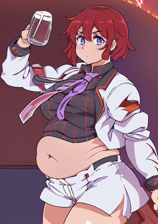 ((best quality, 4k, 8k, anime girl, masterpiece)), ((((beautiful extremely detailed face)))), (((beautiful eyes, blue eyes))), cinematic lighting, ((perfect anatomy)), (((chubby, SSBBW, huge breasts,tall, thick legs, (stand up), wide belly, ((beer belly)), wide breasts, perfectly round breasts))), (full body view), ((thick outlines, anime style, neon colours)), (((raiko horikawa))), (((white jacket, white skirt, cheker patterned shirt, necktie))), (((red hair, short hait, bangs, hair between eyes))), ((lightning aura)),