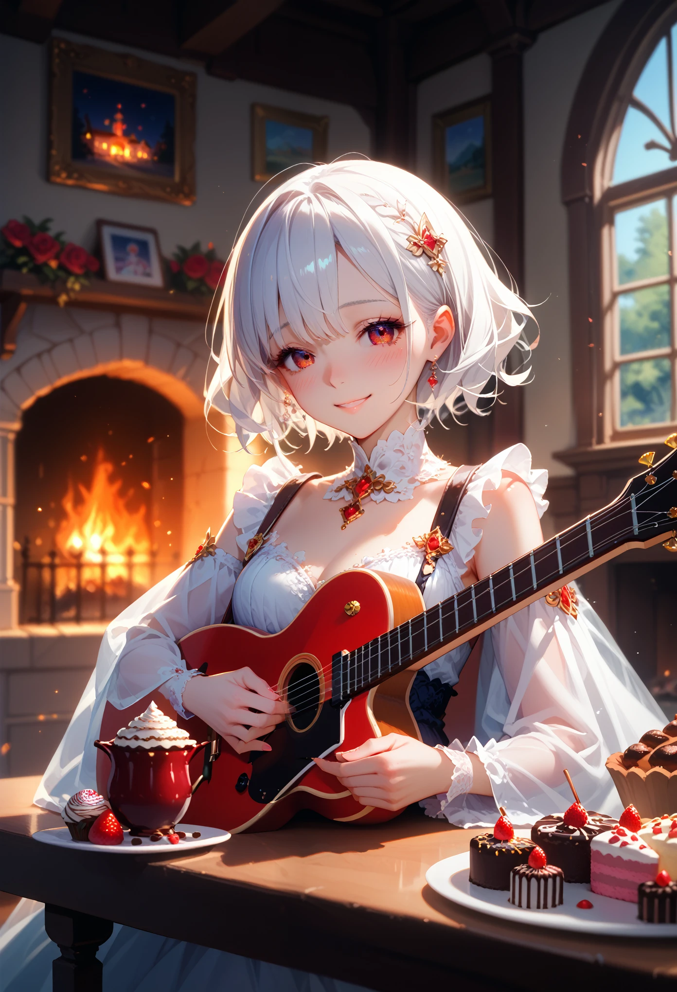 Anime girl with white hair, Red eyes, Shy blush, smile, Playing Guitar Near Fireplace in Very Beautiful House, various decorations, Sweets on the Table, beautiful colors, bright colors, Game of Shadows, Clear Detailing, many details, masterpiece, Shine,