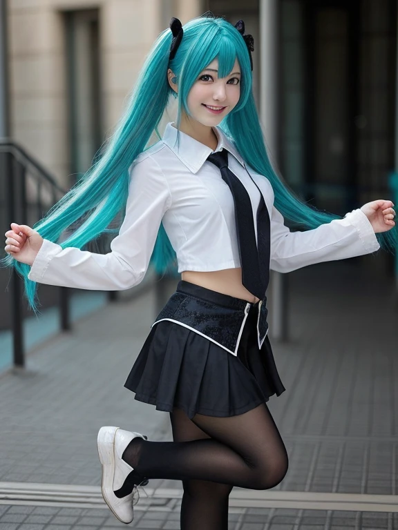 highest quality、Hatsune Miku、On-Quality, masterpiece, (((Imagine a scene where the camera is looking up at a person from directly below. Please describe this scene in detail, Including subject poses, Lighting, background, atmosphere, and certain other information you can provide.))),Vibrant aqua blue hair,Long twin tails down to the knees, Bright aqua blue eyes, Big eyes with long eyelashes,Plump small breasts, White blouse, Black pleated skirt with light blue lines,A black headset with a light blue light, Futuristic clothing,Strong sunlight, White cloud,