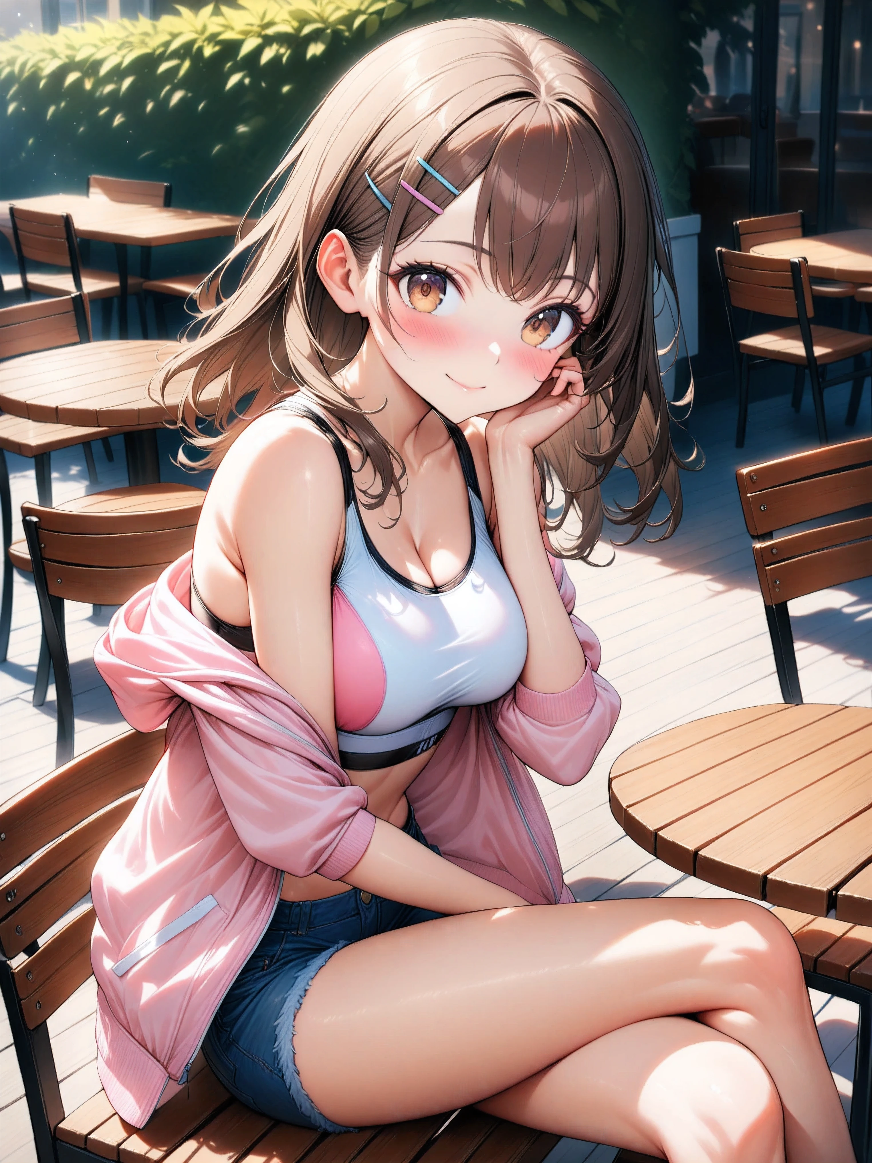 1girl, relaxed casual girl, (medium hair), (shoulder length hair:1.2), (wavy brown hair), colorful hairpins, (bright expressive brown eyes), slight blush, slight smile, slimWaist, petite body, (short stack), (big breasts:0.4), natural round breasts, BREAK Sitting, crossed legs, cozy outdoor café setting, afternoon light, gentle breeze, soft shadows, background with tables and chairs, natural lighting, (casual sporty outfit), (pastel hoodie), (show off sports bra), bare shoulder, denim shorts, white sneakers, sunlight, vibrant colors, detailed facial expression, BREAK (very aesthetic, masterpiece), (ultra high quality), (16k, ultra high resolution), highly detailed beautiful skin, high quality fabric texture, highly detailed background