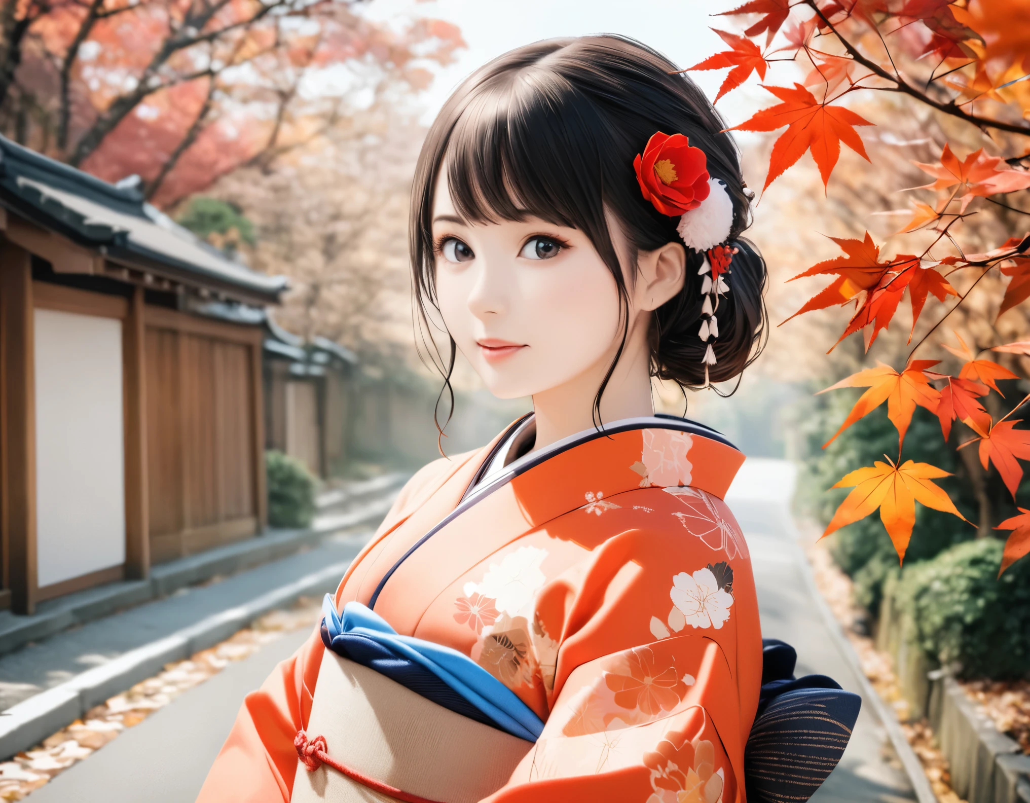 (best quality, 8k, high resolution:1.2), 1girl, Kyoto, kimono, autumn