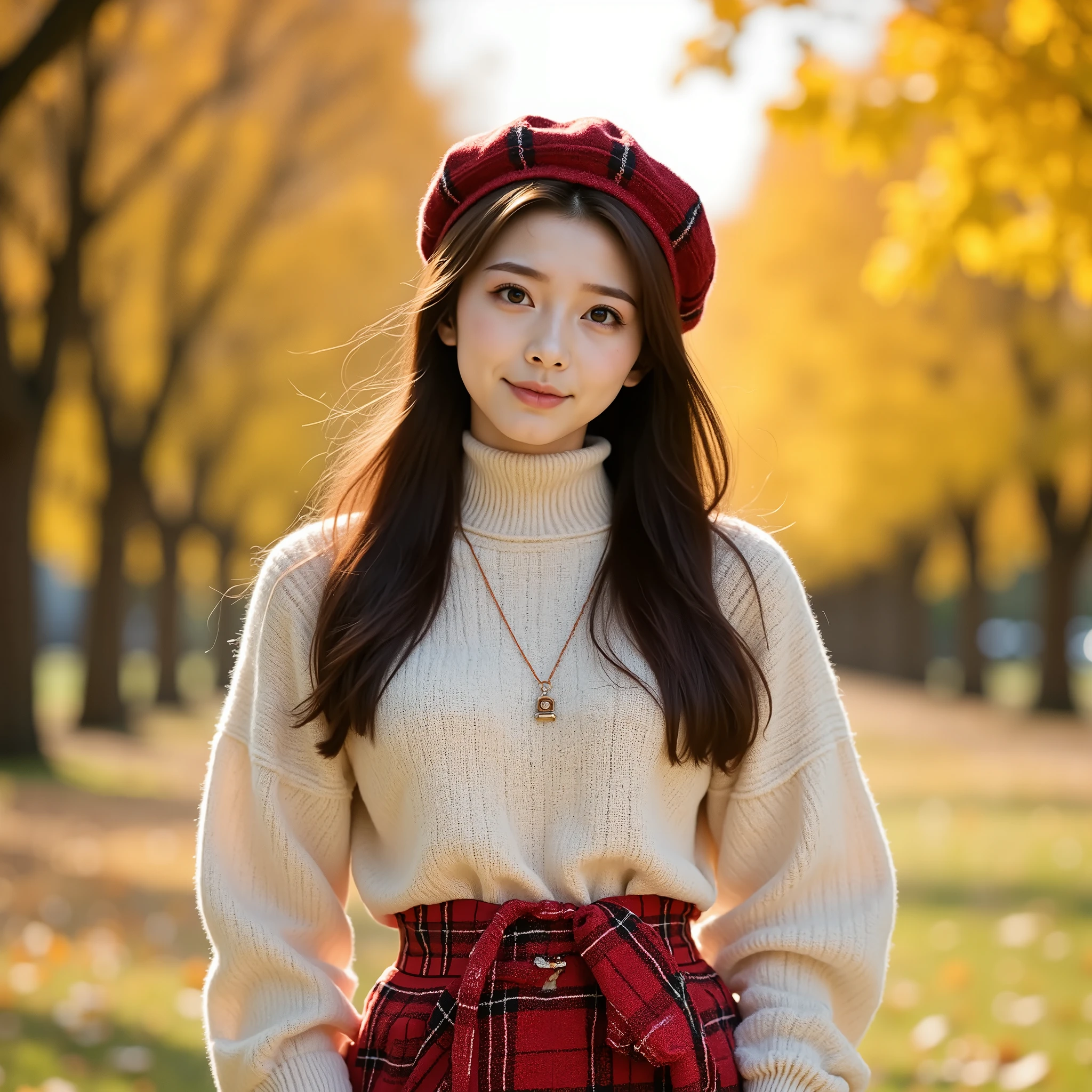 A realistic, vibrant outdoor photo of a young East Asian woman in autumn. She is dressed in a cozy cream turtleneck sweater and a stylish red plaid skirt, with a matching plaid beret on her head. The scene captures the warmth of the autumn sunlight as it highlights her soft smile and long, flowing hair. She strikes a pose for the photo but she is feeling shy.The golden leaves of the trees behind her create a beautiful seasonal backdrop, enhancing the peaceful and lively atmosphere of a crisp autumn day in the park. Her necklace with a small pendant adds a subtle touch of elegance to her casual yet chic look.