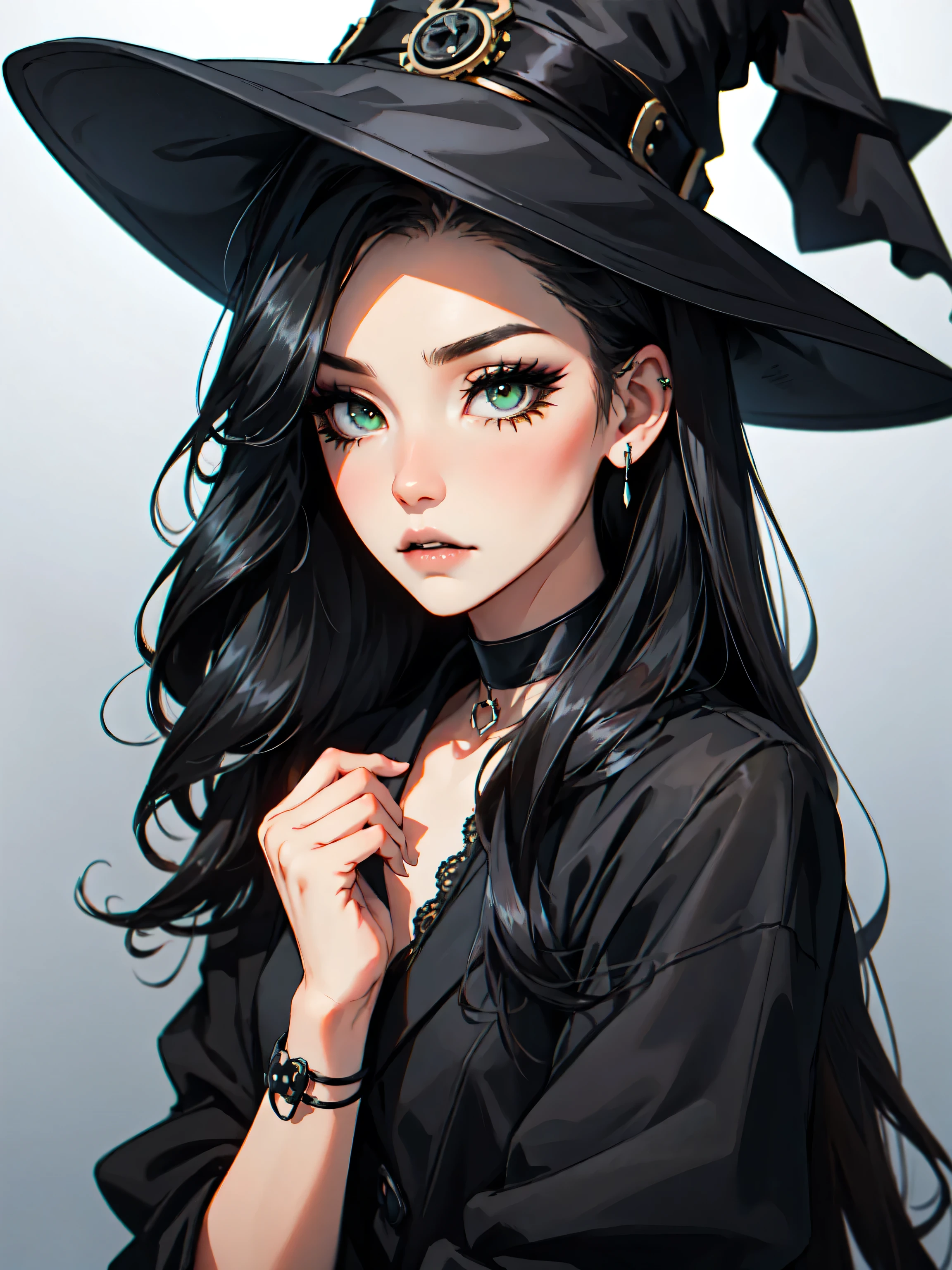 slender beautiful girl, emo_hairstyle,), (steampunk witch, witch hat, gothic), black tie, ((long hair)), ((straight hair)), (((black hair))), side swept bangs, white skin, pale, white, (green eye), tired expression, choker, ((dark makeup, mascara, eyeshadow)), multiple piercings, best quality, 8k, , erotic, , (goth steampunk), black clothes'
