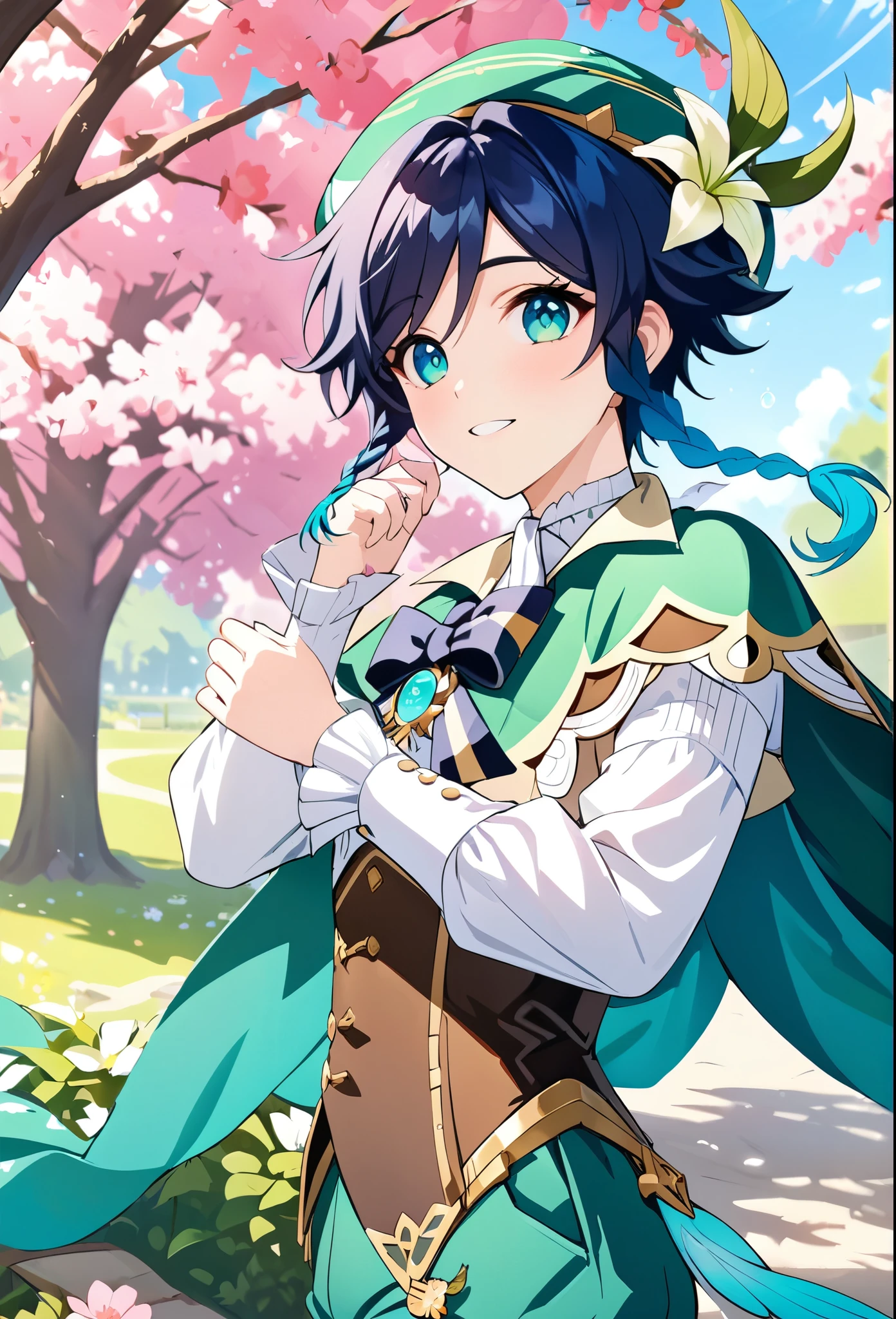 (best quality,4k,8k,highres,masterpiece:1.2),1boy,venti genshin impact,male focus,flat chest,ultra-detailed,morning of spring,delicate light rays,soft color palette,elegant curves,effects of light and shadow,flower petals falling,springtime essence,ethereal atmosphere,peaceful garden background,morning dew,soft sunlight filtering through trees,vividly colored blossoms,transcendent beauty,awe-inspiring artwork,white long-sleeved shirt, brown corset,green shorts, white tights,green cape,hat,brooch,green eyes,flirty smile,cinematic lighting, ray tracing, UHD, high details, high quality, award winning, super detail,wind