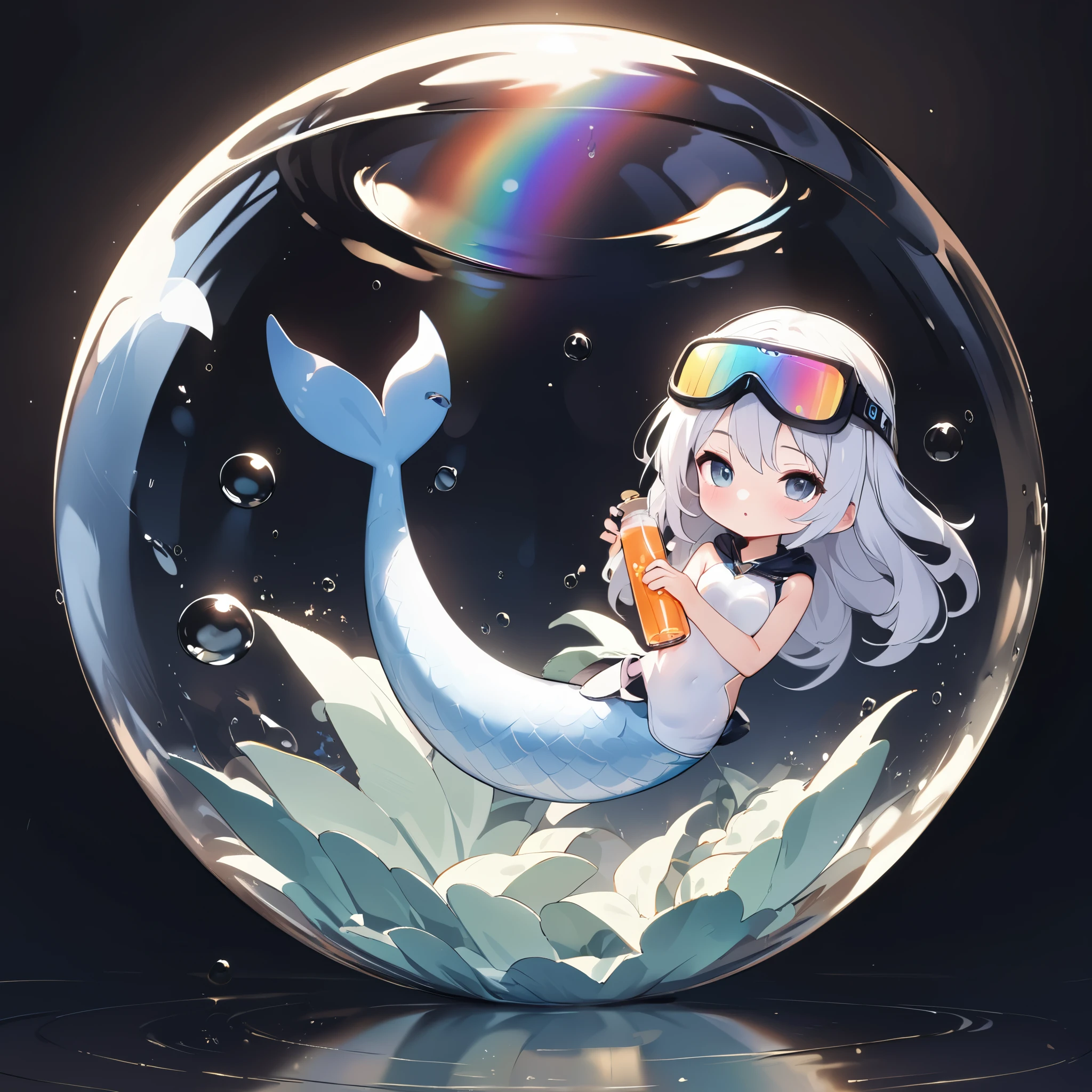 (Minimal Deformation, Simple Art),solo, 1girl\(((mermaid)),(lower-body is dolphin-tail:1.6),realistic dolphin costume, cute, diver, white dolphin costume,detailed Holographically reflective snorkel, Fantastic rainbow-colored oxygen cylinder, full body\), Colorful gradient, simple Black background, BREAK ,quality\(masterpiece, best quality,8k,wallpaper of extremely detailed CG unit, high resolution, top-quality, top-quality real texture skin, hyper realistic, increase the resolution, RAW photos, best quality, highly detailed, the wallpaper,golden ratio\),correct fingers