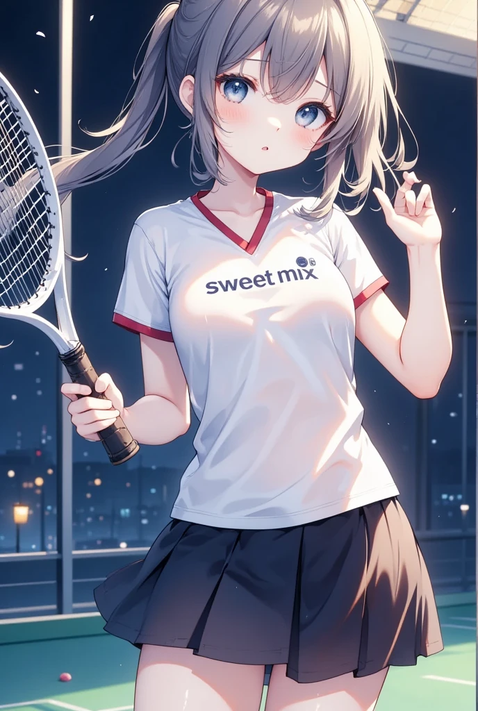 Japanese anime, One girl, solo, night , SweetHoney mix,tennis,tennis uniform,outdoor,holding a tennis racket,tennis uniform written "Sweet Mix"