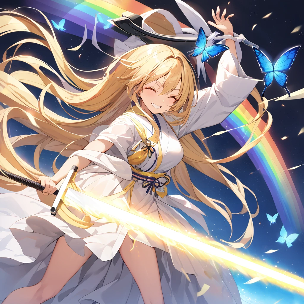 ((High resolution　Yellow Hair　Long Hair　Goddess of Victory　1 person　Lonely　smile))　((Blue Butterfly　night　Japanese Style　old　Shining Aura　rainbow))　(dance　Blade of Light　Shining Holy Sword　Swing Down　Slash)　moon　star　Draw your sword　Slash　Catching the Wind　autumn