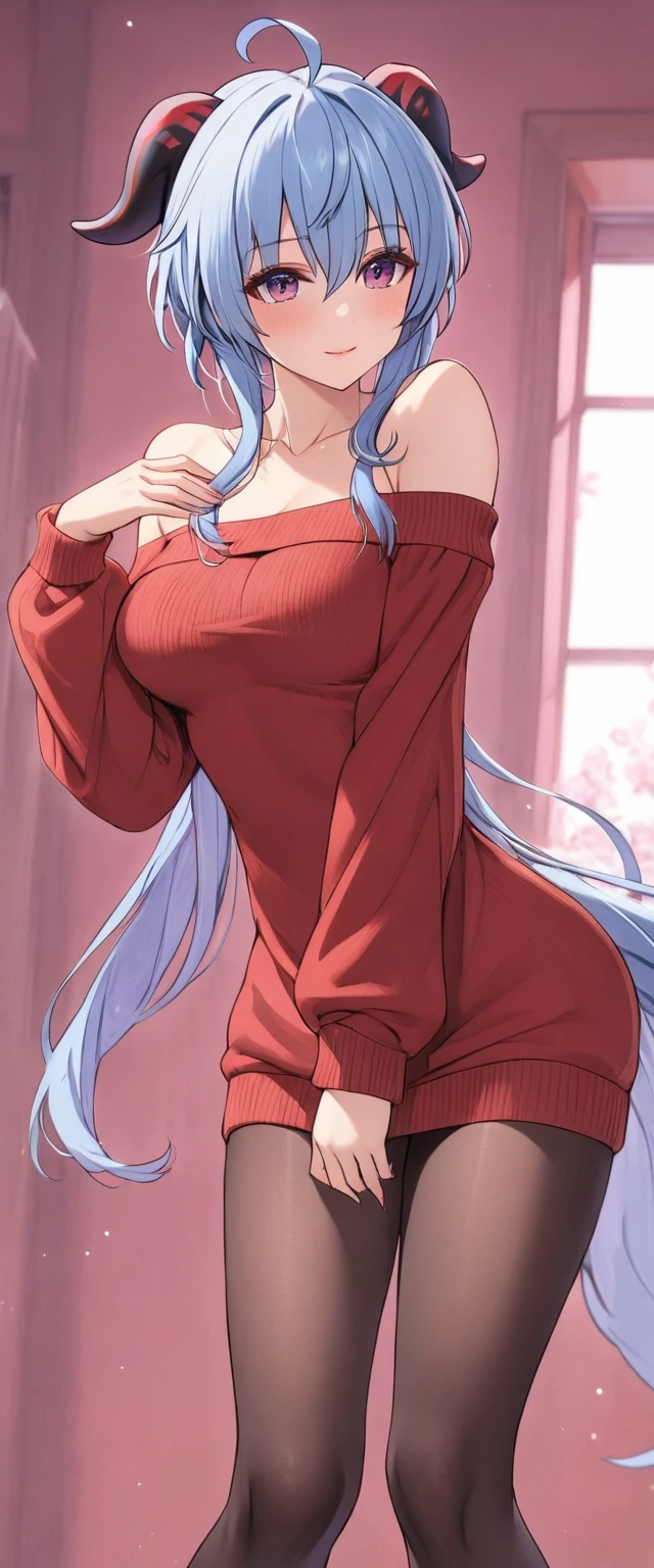 1 women, BREAK bare shoulders, collarbone, dress, long sleeves, off shoulder, off-shoulder dress, off-shoulder sweater, pantyhose, red sweater, sweater, sweater dress, thighs, long legs, big , skinny legs, anime cover, full body, ganyu \(genshin impact\)
