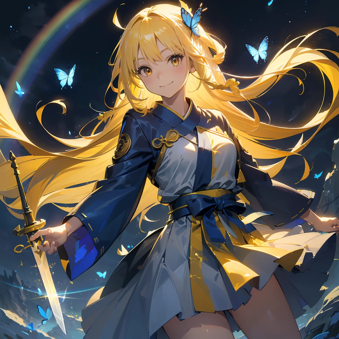 ((High resolution　Yellow Hair　Long Hair　Goddess of Victory　1 person　Lonely　smile))　((Blue Butterfly　night　Japanese Style　old　Shining Aura　rainbow))　(dance　Blade of Light　Shining Holy Sword　Swing Down　Slash)　moon　star　Draw your sword　Slash　Catching the Wind　autumn