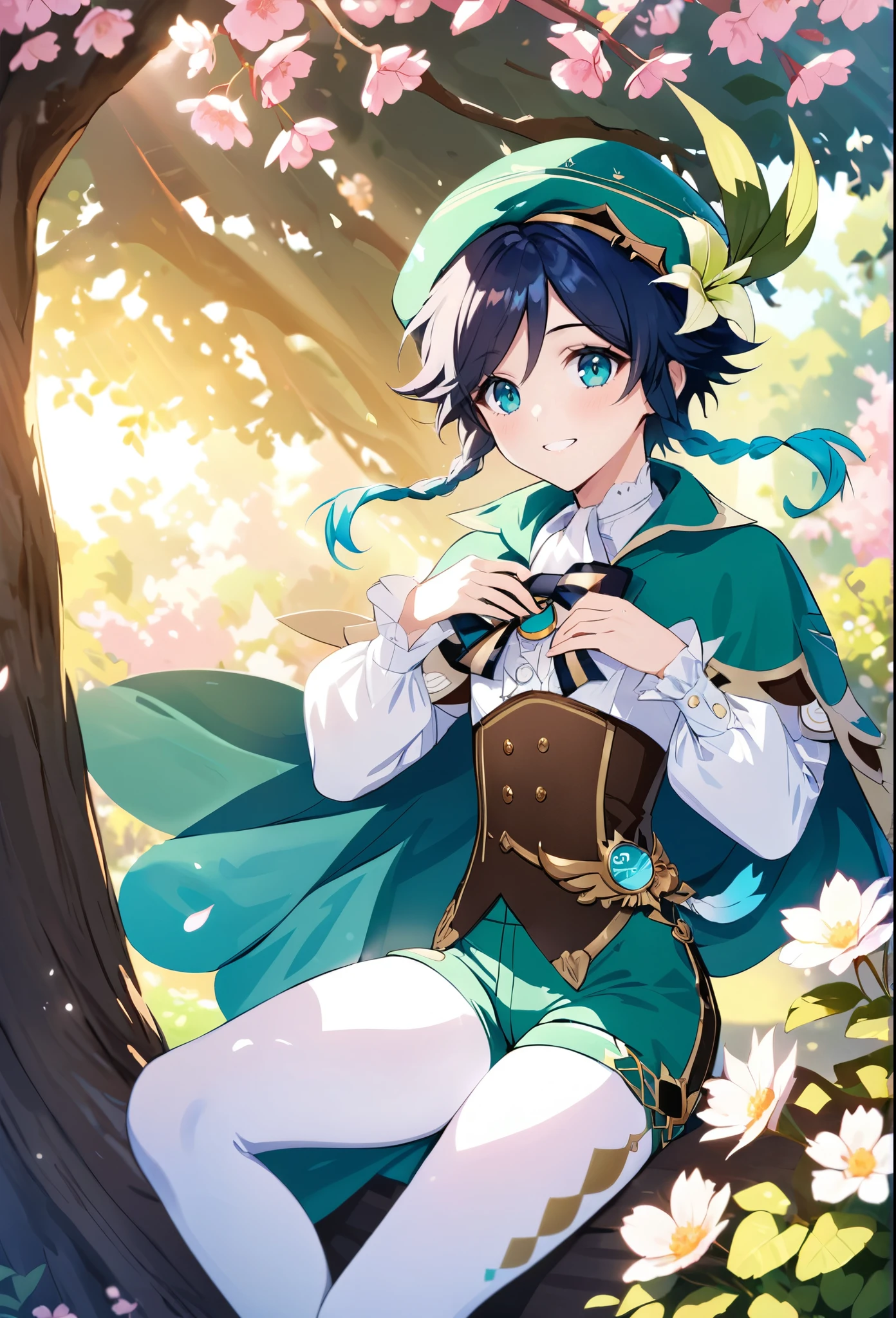 (best quality,4k,8k,highres,masterpiece:1.2),1boy,venti genshin impact,male focus,flat chest,ultra-detailed,morning of spring,delicate light rays,soft color palette,elegant curves,effects of light and shadow,flower petals falling,springtime essence,ethereal atmosphere,peaceful garden background,morning dew,soft sunlight filtering through trees,vividly colored blossoms,transcendent beauty,awe-inspiring artwork,white long-sleeved shirt, brown corset,green shorts, white tights,green cape,hat,brooch,green eyes,flirty smile,cinematic lighting, ray tracing, UHD, high details, high quality, award winning, super detail,wind