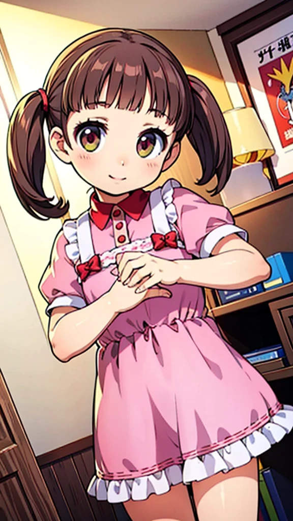 Made,nanako doujima,Short Twin Tails,One Girl, Alone,Dynamic Angle, cute,smile,,Pink Dress,masterpiece,Noise Reduction,Perfect Anatomy,High resolution, Super detailed,Game CG,Dutch Angle ,Beautiful detailed eyes,Visual Arts,Five fingers, Perfect hands, Perfect lighting,