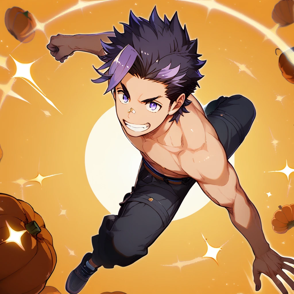 score_9, score_8_up, score_7_up, rating_explicit, source_anime, male focus, male, 1boy, black cargo pants, torso bandage, dynamic angle, above angle, neon hair, pumpkin spice, purple hue, simple background, illustration, fanart, amazing quality, best aesthetic, game cg, official art, wallpaper, absurdres, high-res, dynamic pose, yoisyo